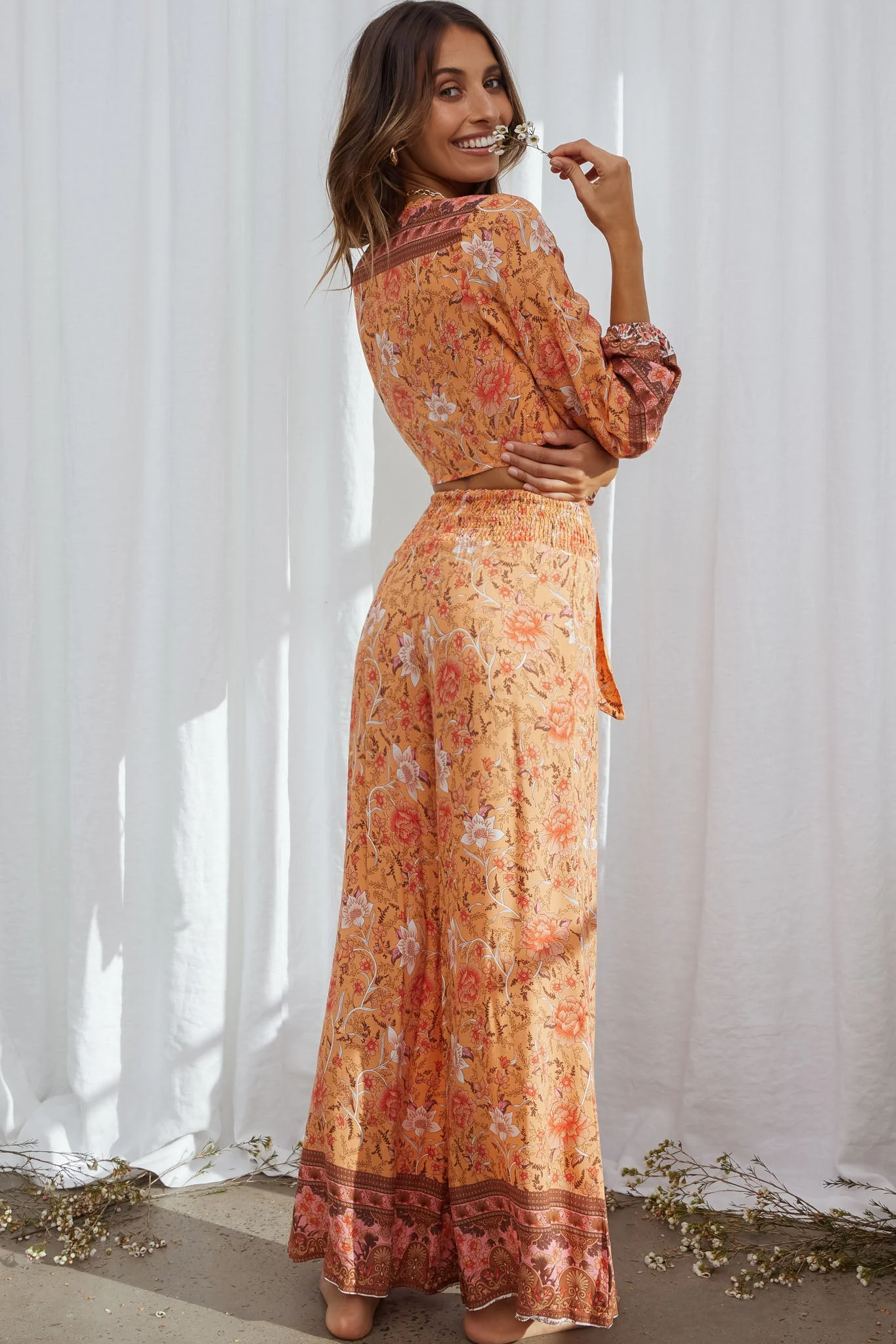 Novo Shirred Waist Long Pants Bohemian Print Orange - Image 6