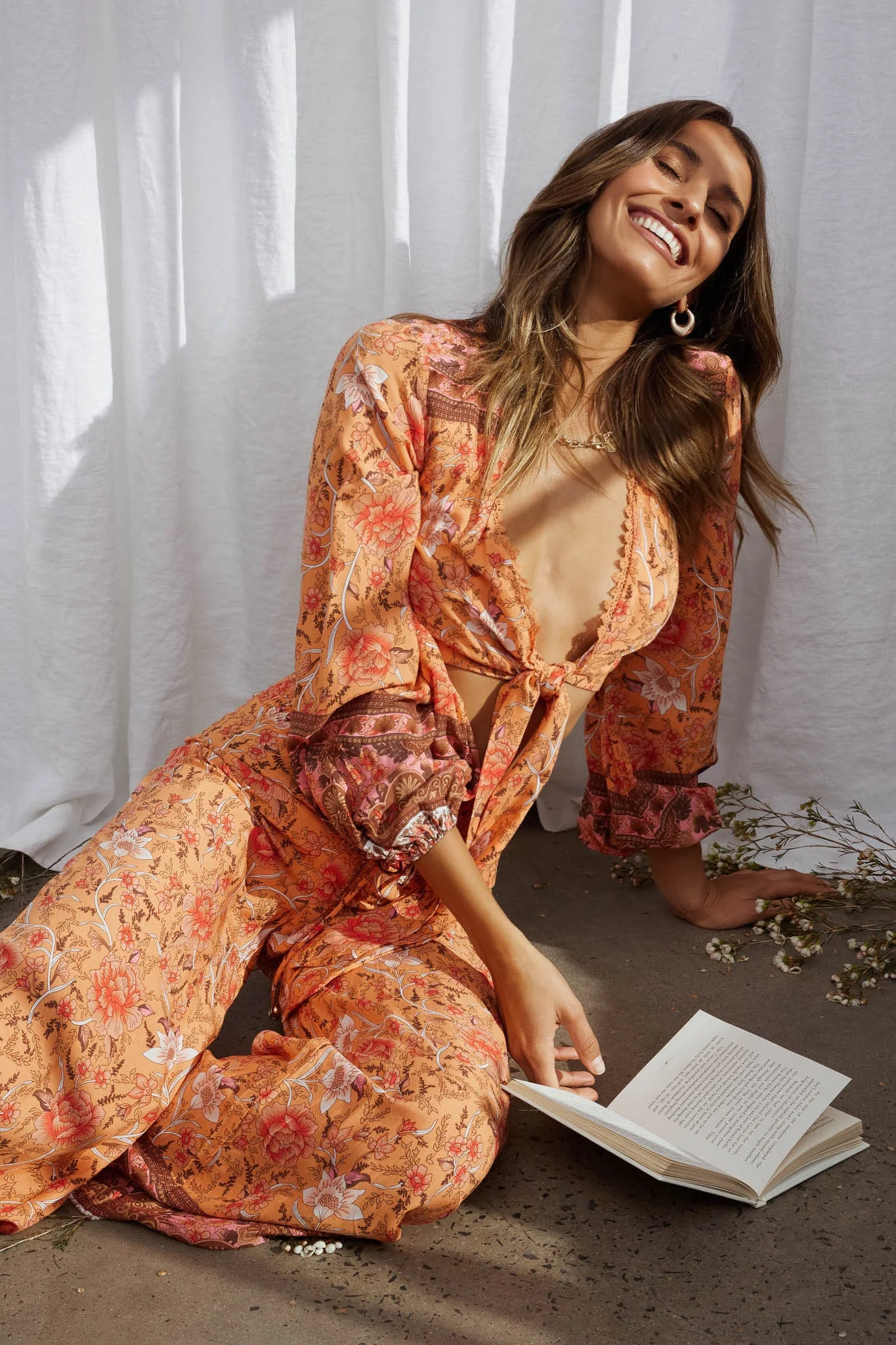 Novo Shirred Waist Long Pants Bohemian Print Orange - Image 8