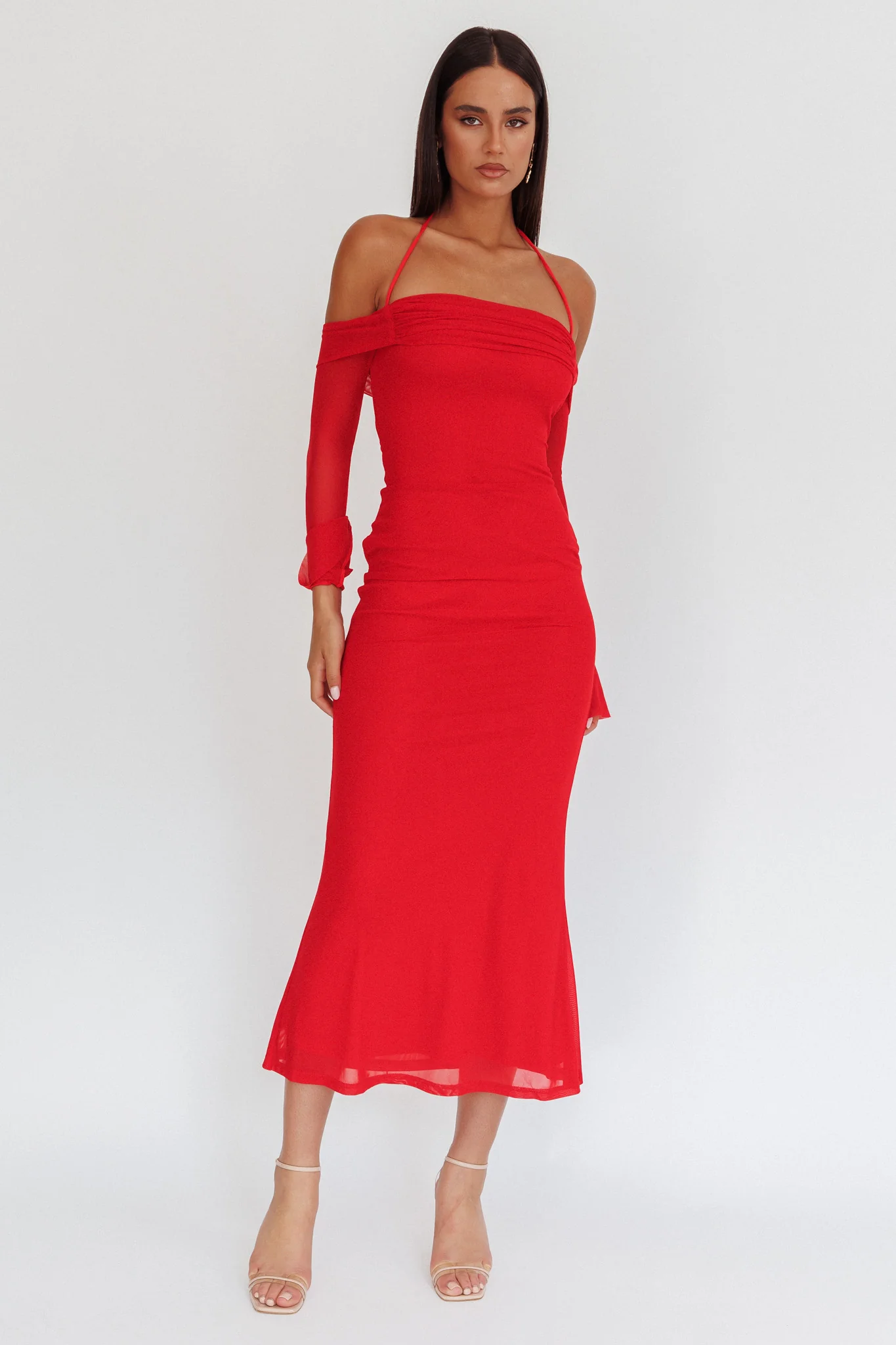 Numbers Game Off-Shoulder Halter Maxi Dress Red - Image 5