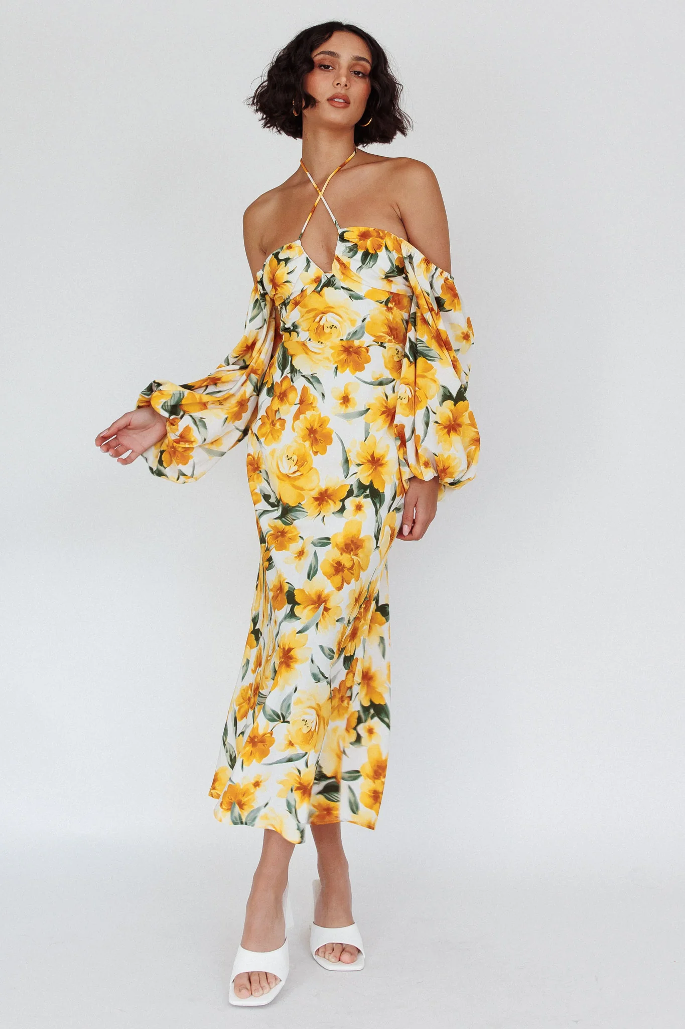 Nyree Long Sleeve Midi Dress Flowers Yellow