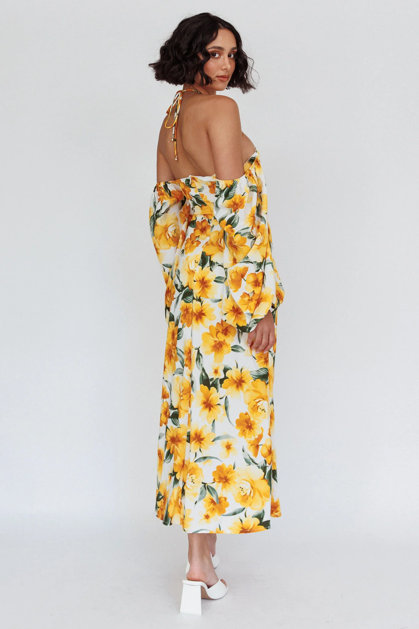 Nyree Long Sleeve Midi Dress Flowers Yellow - Image 2
