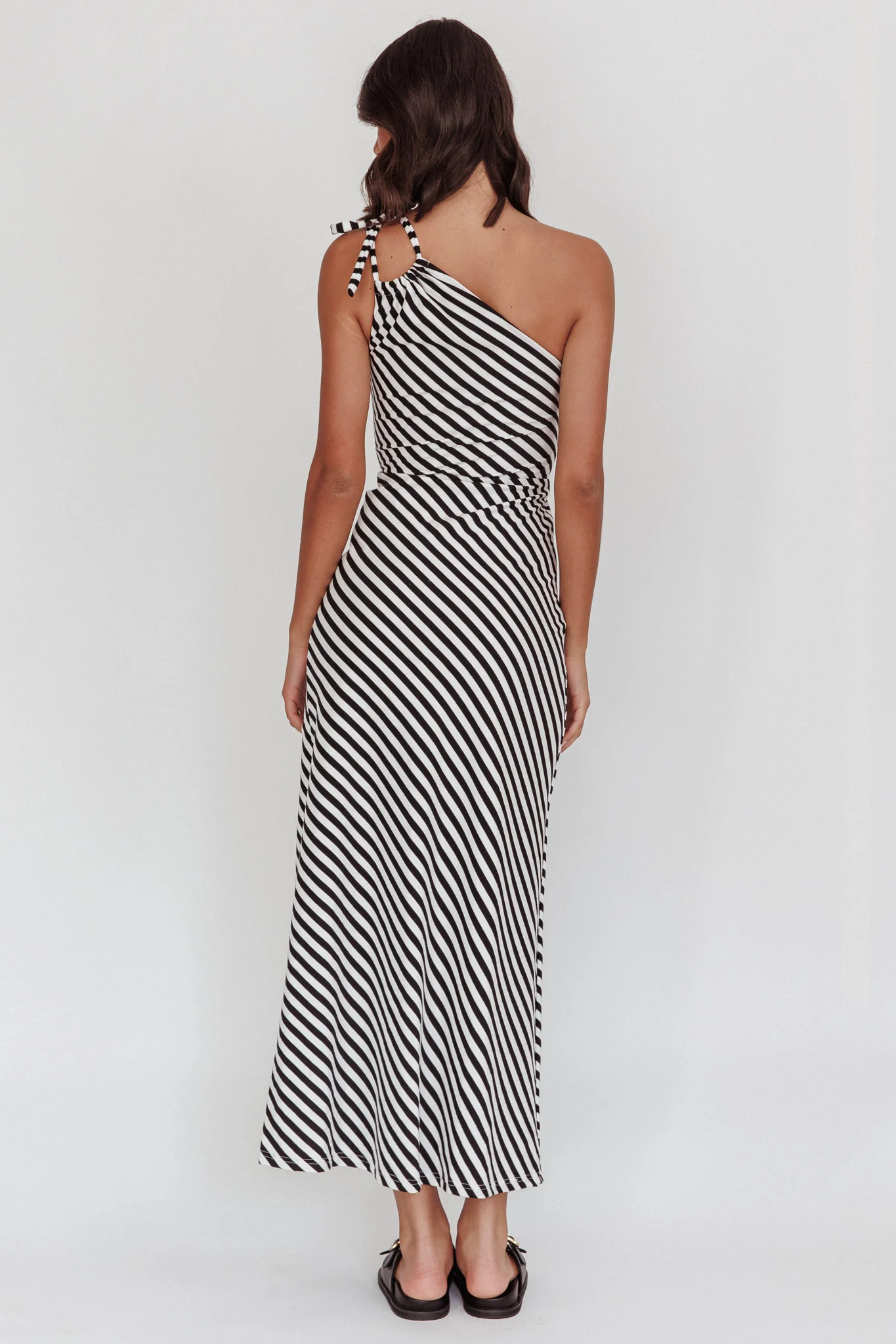 Ocean Road Tied One-Shoulder Maxi Dress Stripe Black - Image 3