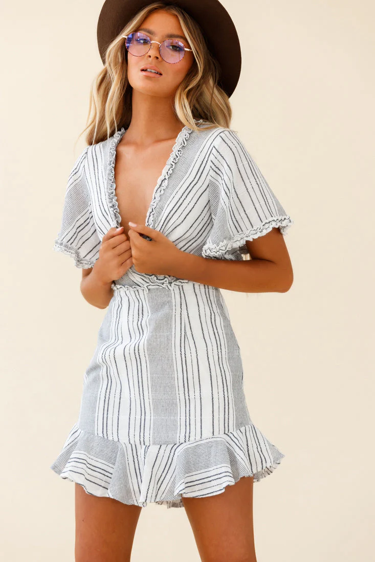 Ochre Open Back Bow Detail Dress Stripe Pattern White/Navy - Image 6
