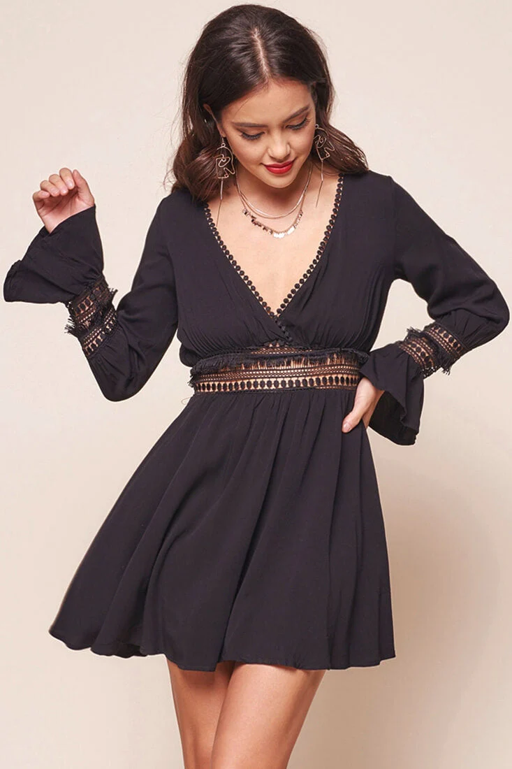 Octavia Deep V Peek-a-Boo Bohemian Fit and Flare Dress Black - Image 6