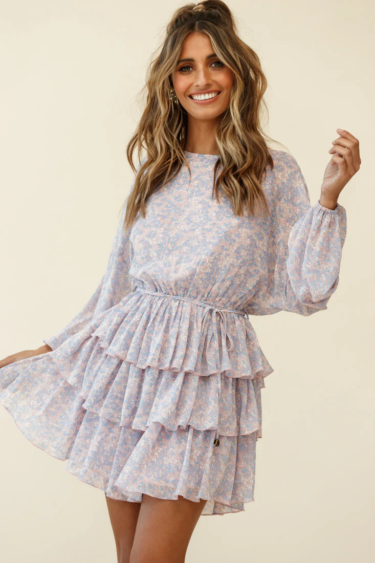 Odessa Long Sleeve Layered Ruffle Dress Flower Pattern Pink - Image 2