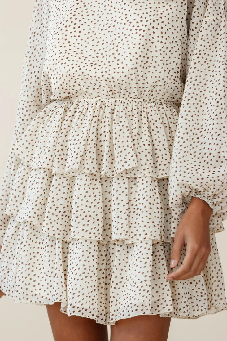 Odessa Long Sleeve Layered Ruffle Dress Speckle Print Beige - Image 6