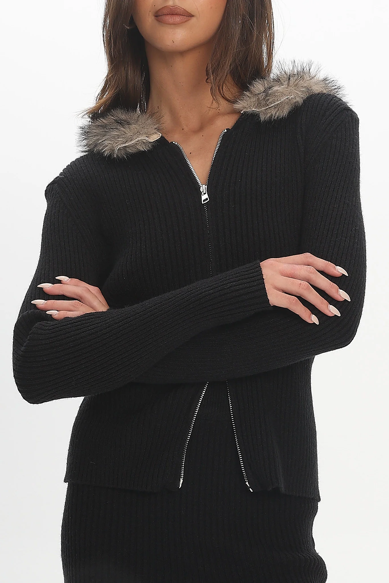 Odetta Fur Collar Knit Top Black - Image 4