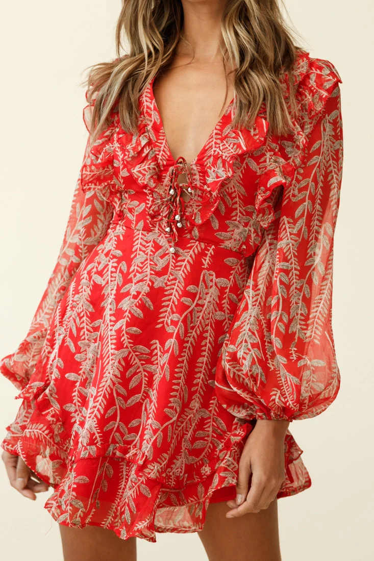 Odette Long Sleeve String Tie Neckline Vine Print Dress Red - Image 6