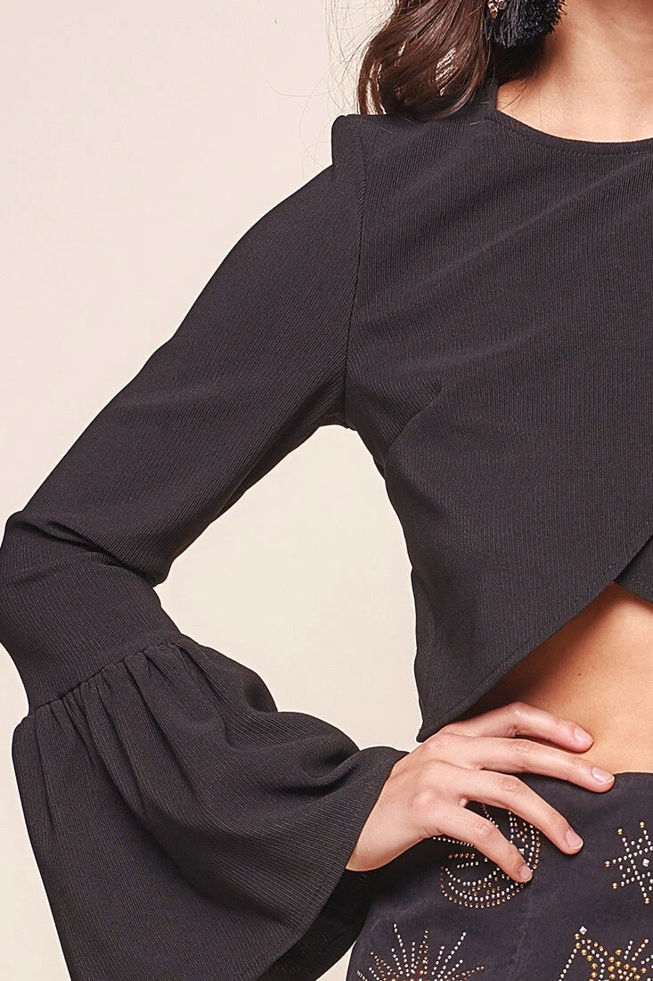 Odeya Asymmetrical Bell Sleeve Crop Top Black - Image 7