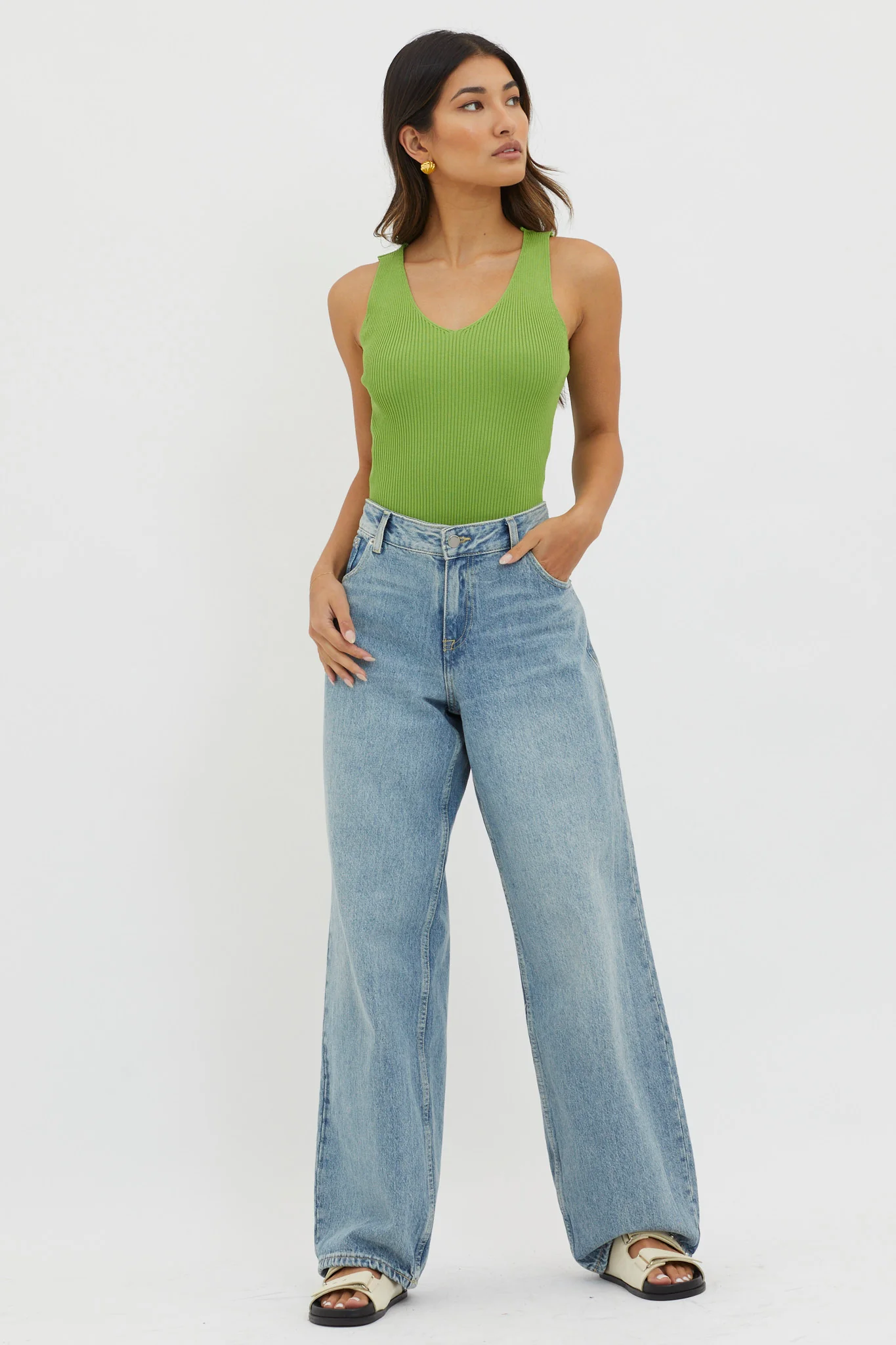Off-Duty V-Neck Ribbed Knit Top Green - Image 3