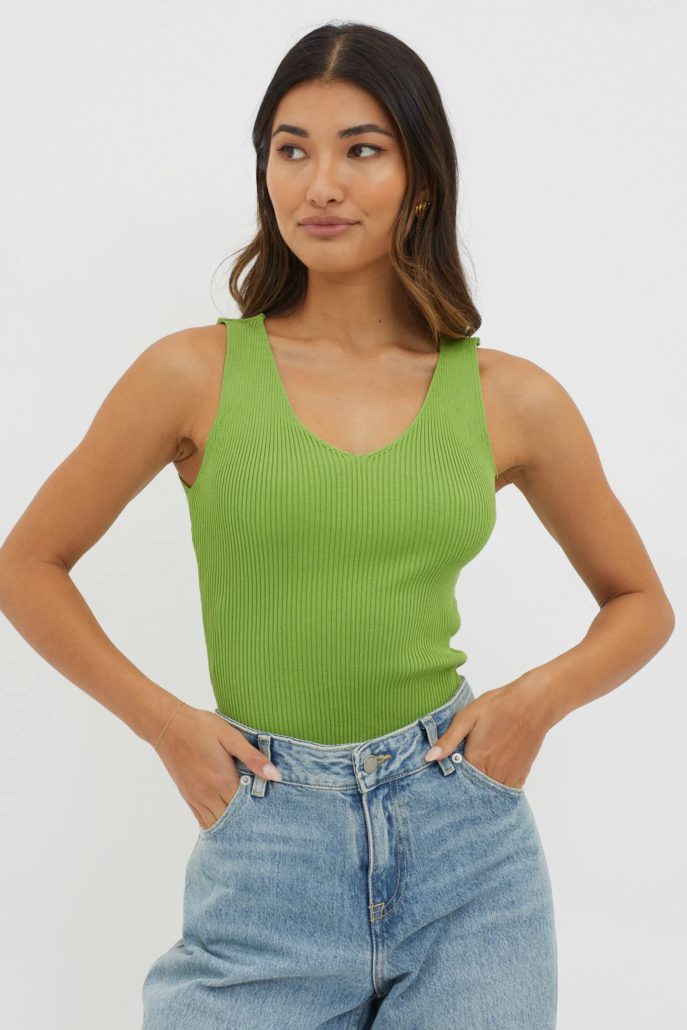 Off-Duty V-Neck Ribbed Knit Top Green - Image 5