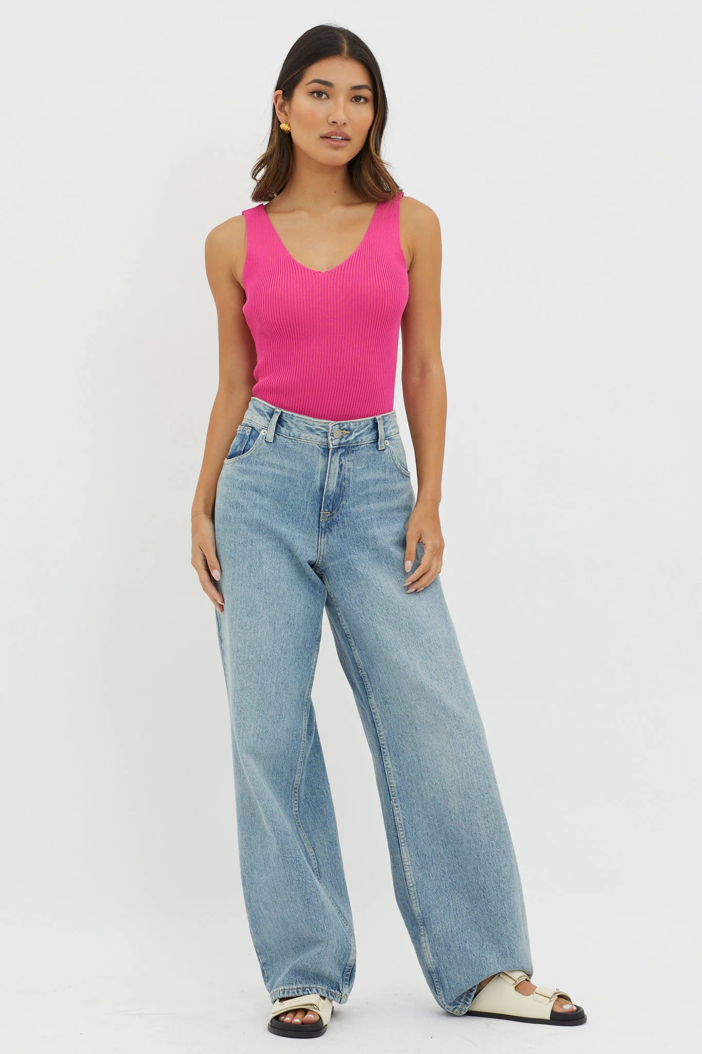 Off-Duty V-Neck Ribbed Knit Top Hot Pink - Image 3