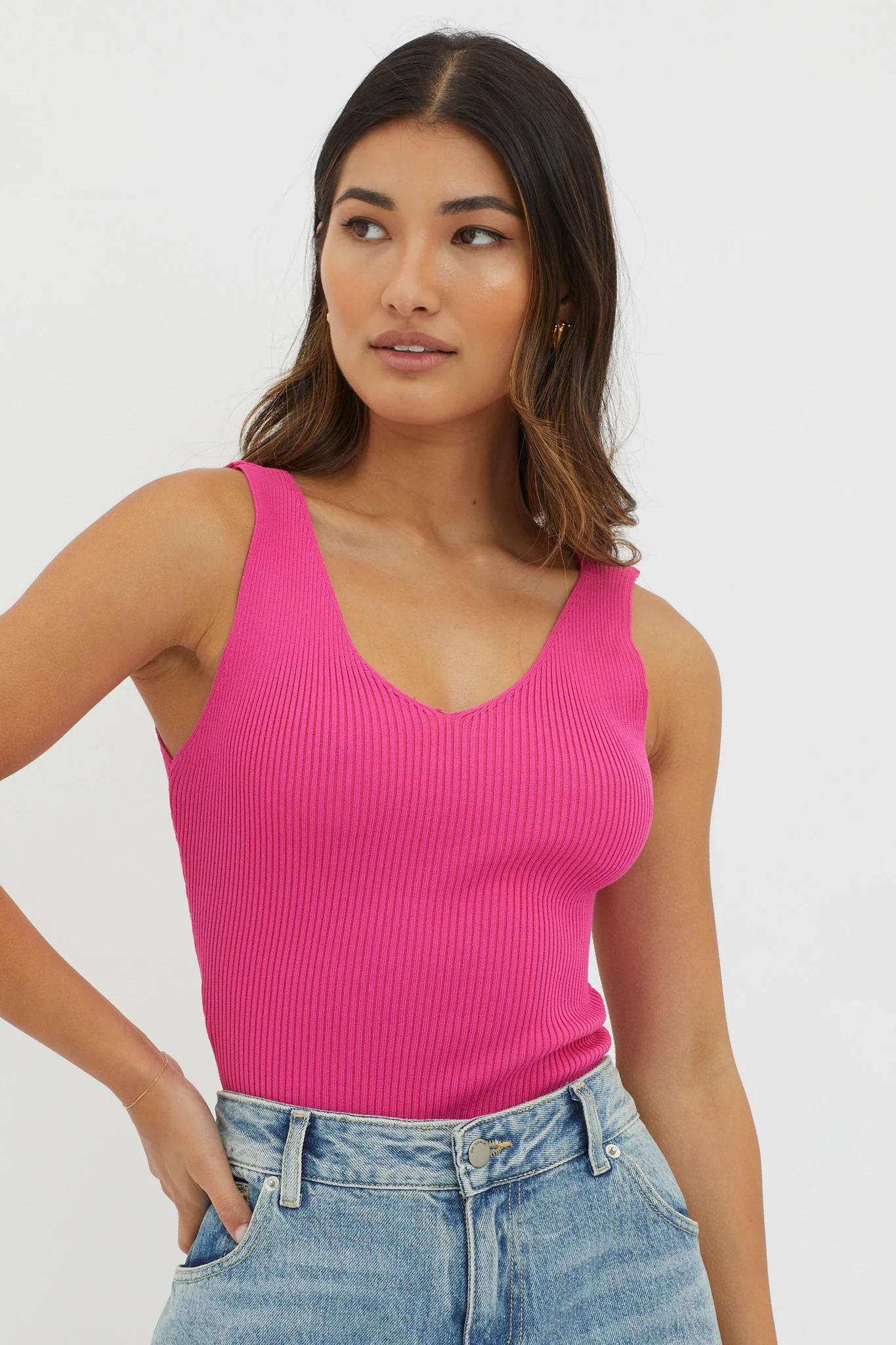 Off-Duty V-Neck Ribbed Knit Top Hot Pink - Image 5