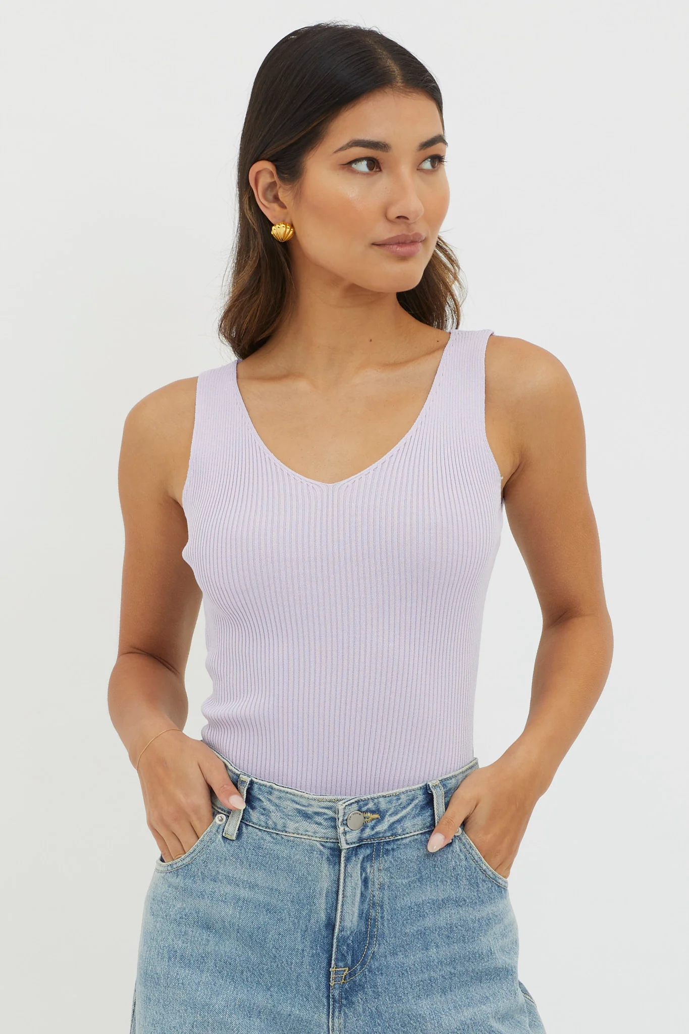 Off-Duty V-Neck Ribbed Knit Top Lilac - Image 5