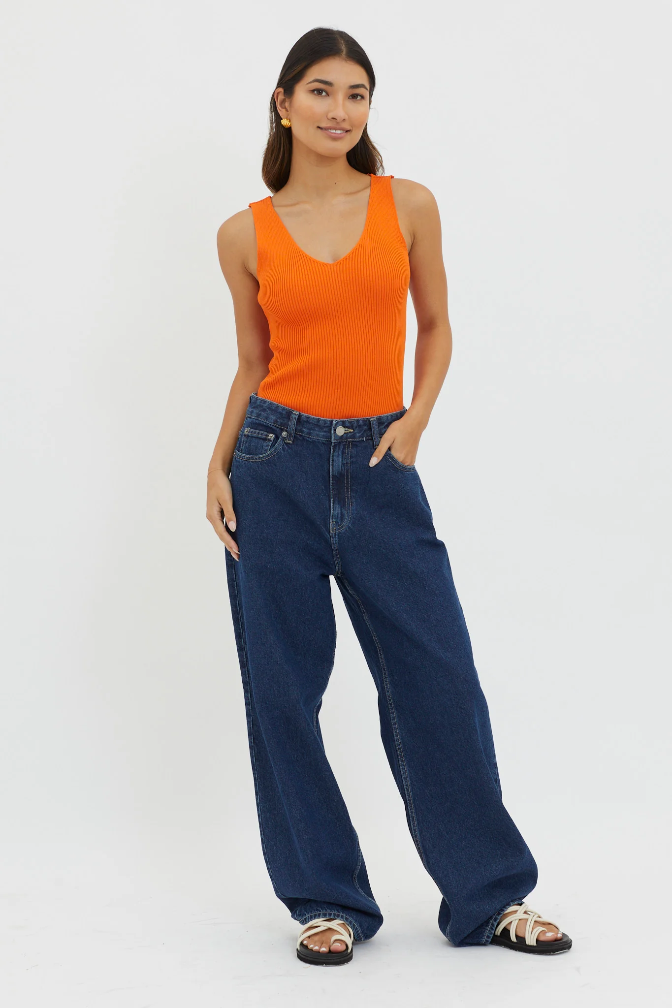 Off-Duty V-Neck Ribbed Knit Top Orange - Image 3