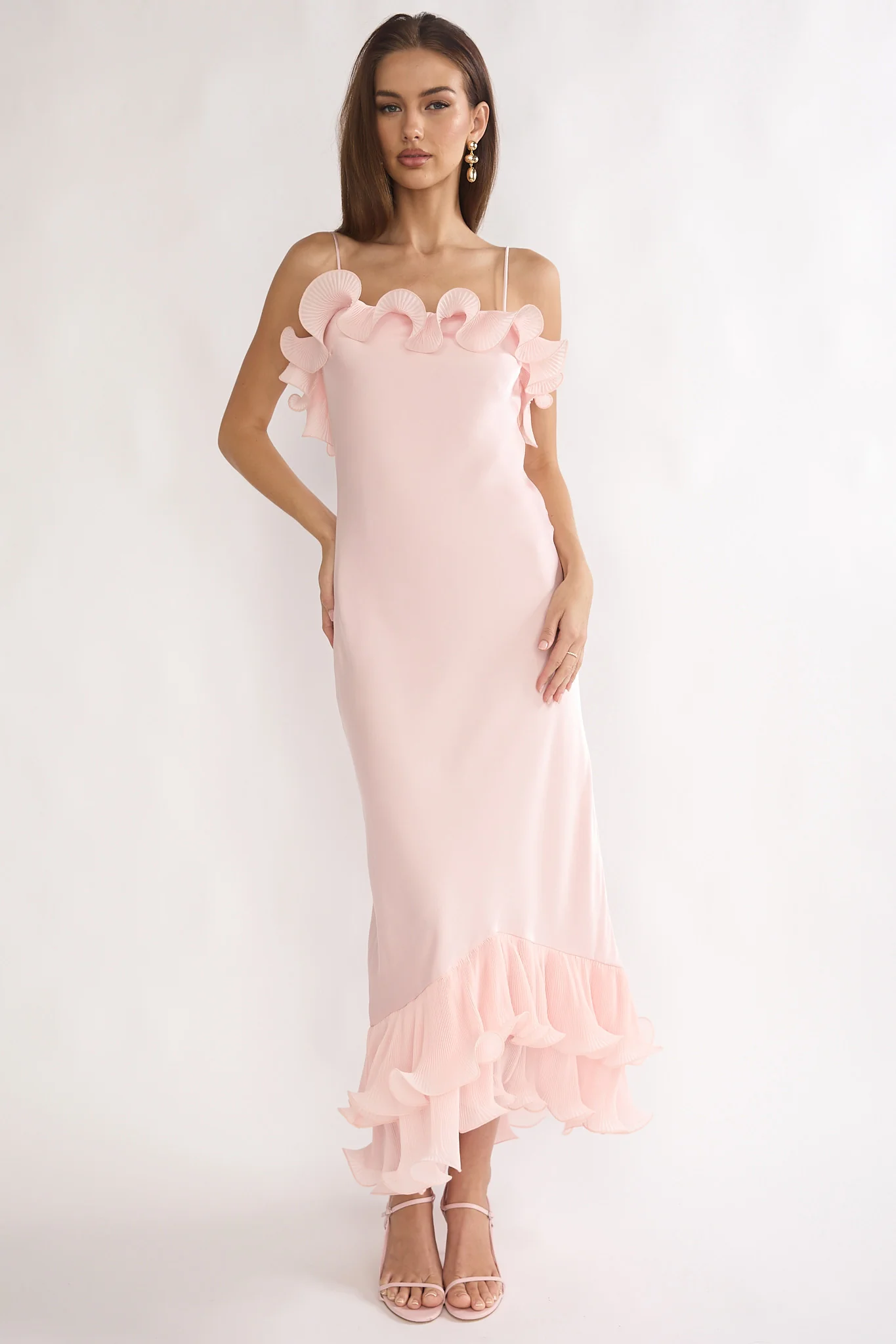 Okay, Cupid Low Back Ruffle Trim Maxi Dress Pink - Image 2