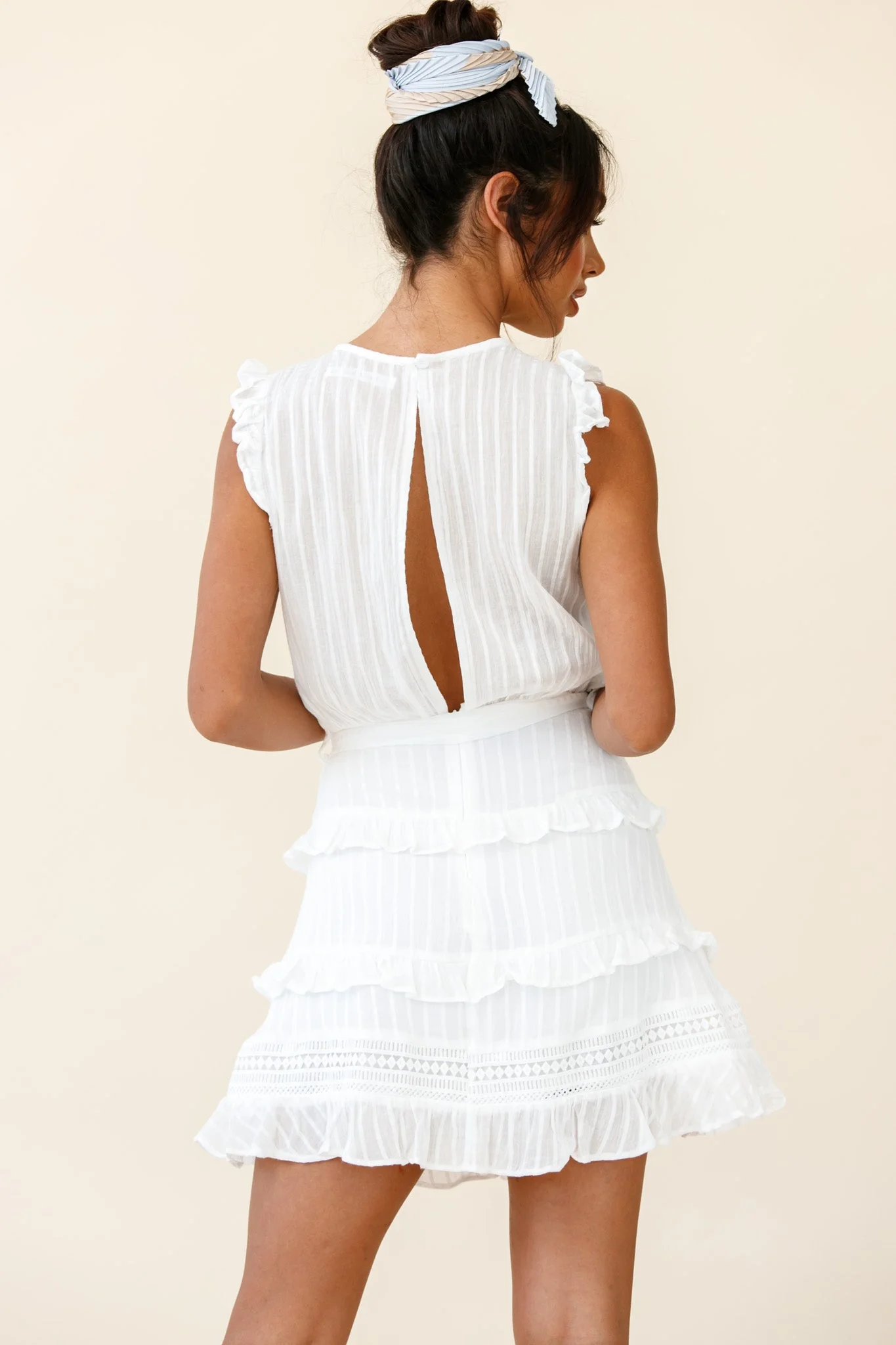 Olga Tiered Frill Detail Waist Tie Dress White - Image 3