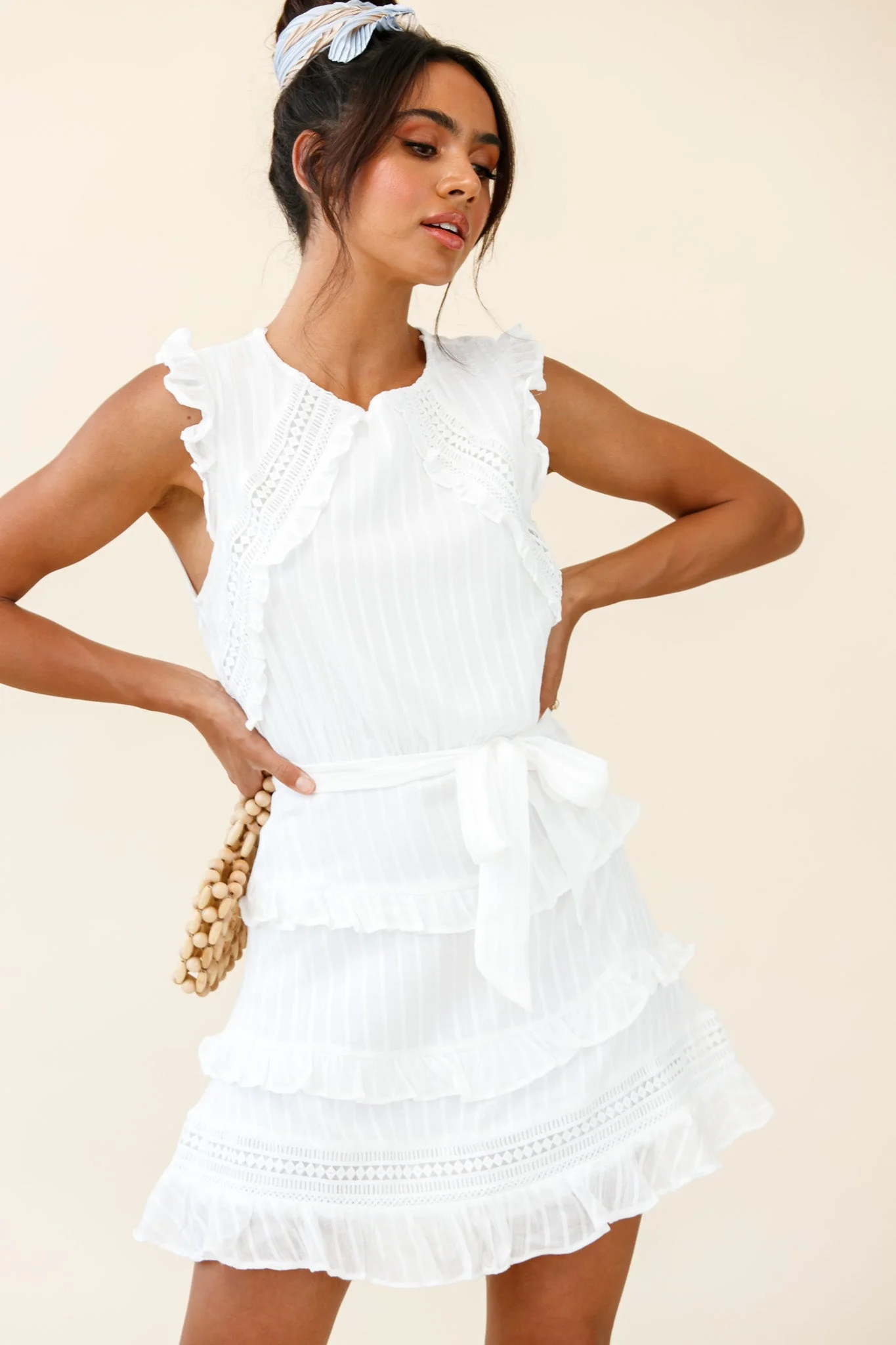 Olga Tiered Frill Detail Waist Tie Dress White - Image 4
