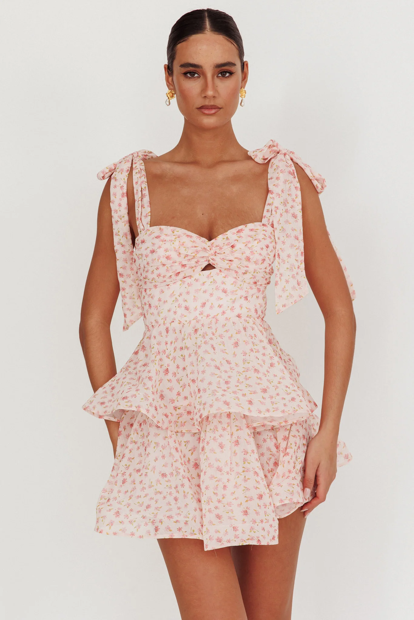 Oliana Tied Shoulder Tiered Mini Dress Peach - Image 5
