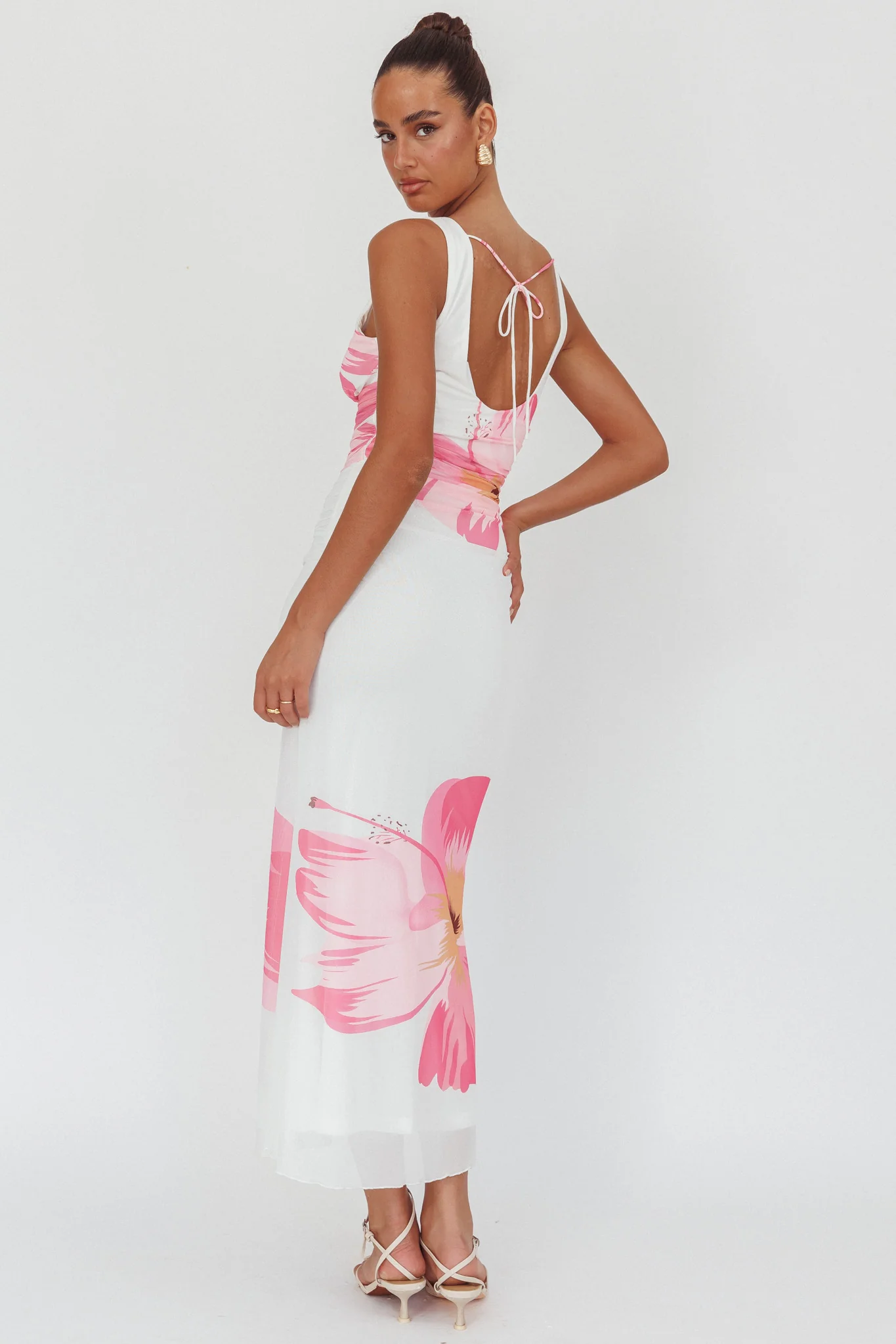 Oliana V-Neck Mesh Maxi Dress Hibiscus White/Pink - Image 3
