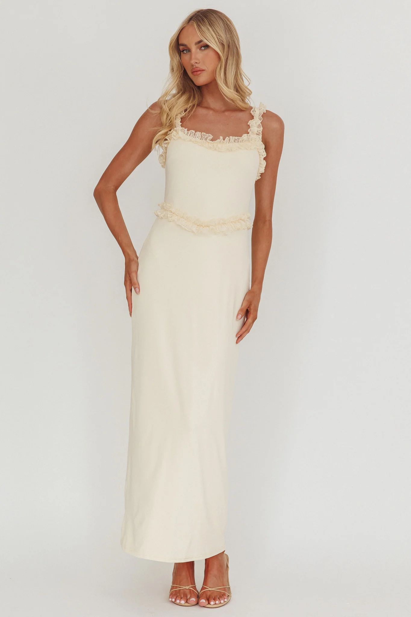 Olivera Lace Frill Trim Maxi Dress Cream - Image 5