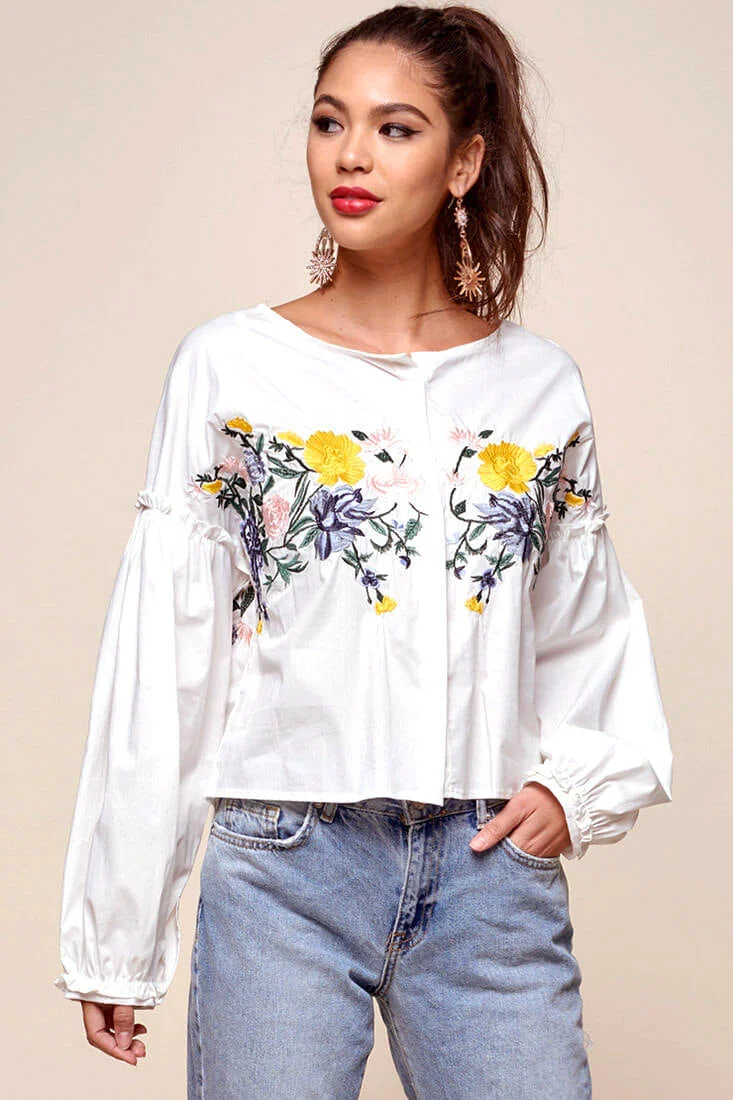Olivia Floral Embroidered Cinched Wrist Shirt White - Image 2