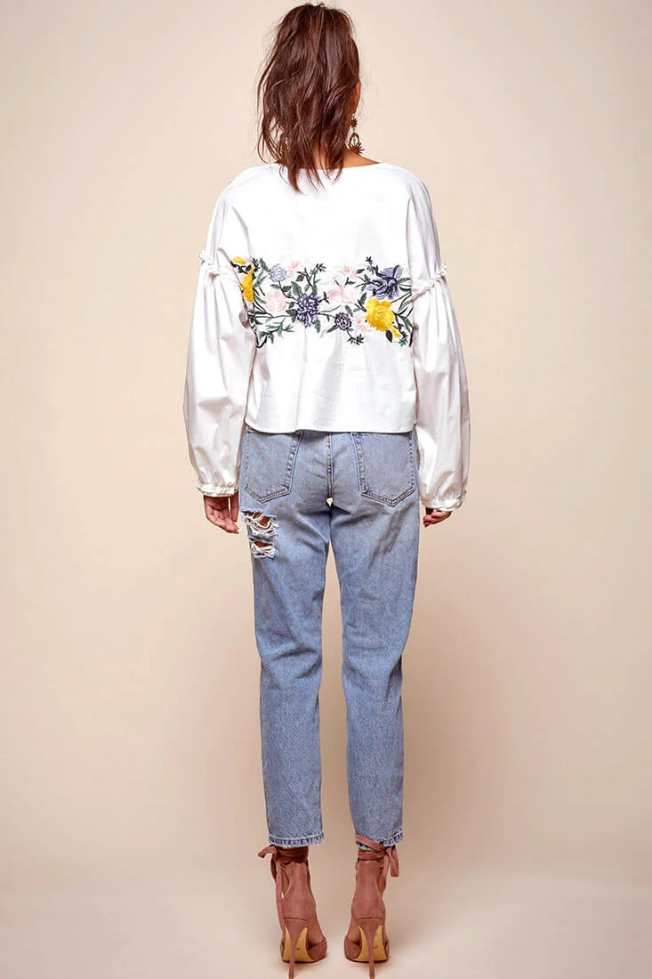 Olivia Floral Embroidered Cinched Wrist Shirt White - Image 6