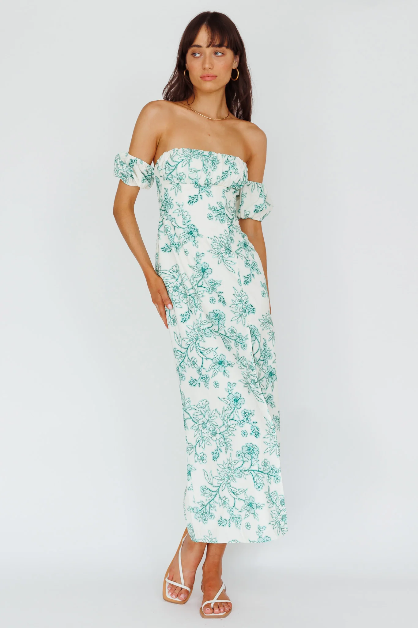 Olivier Off-Shoulder Midi Dress Floral Green - Image 5