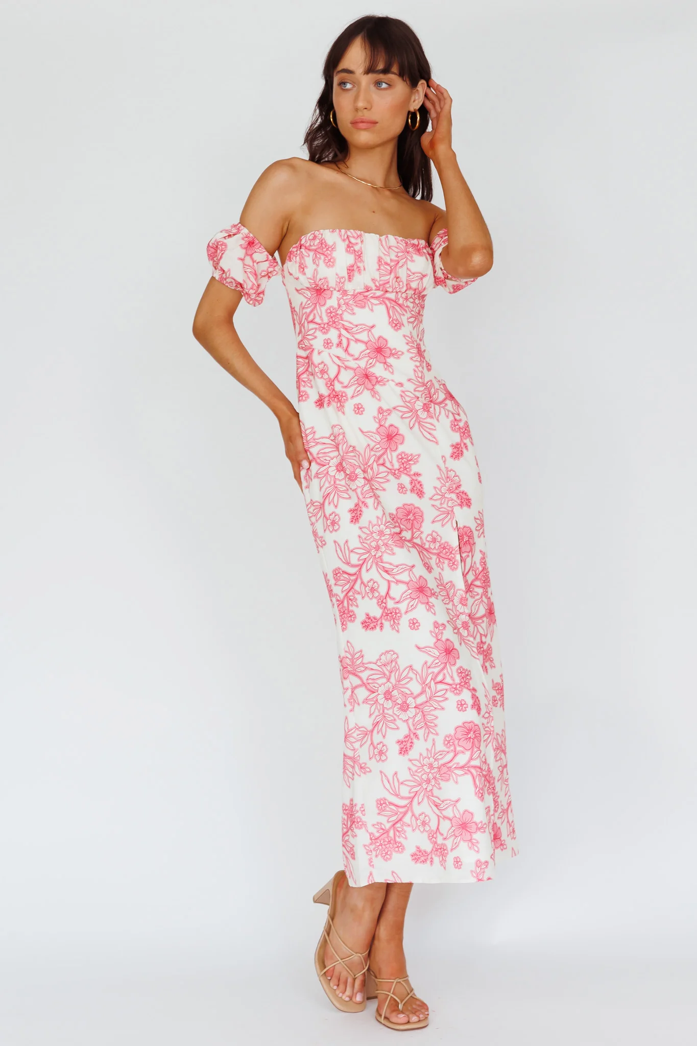 Olivier Off-Shoulder Midi Dress Floral Pink - Image 3