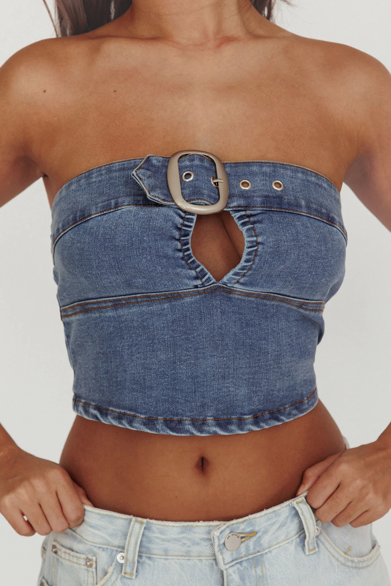Olympus Strapless Denim Cropped Top Medium Blue - Image 4
