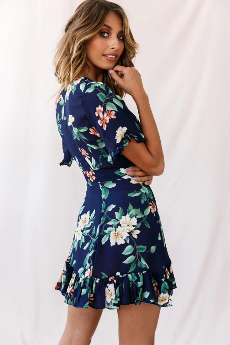 Omara Floral Wrap Ruffle Trim Dress Navy - Image 3