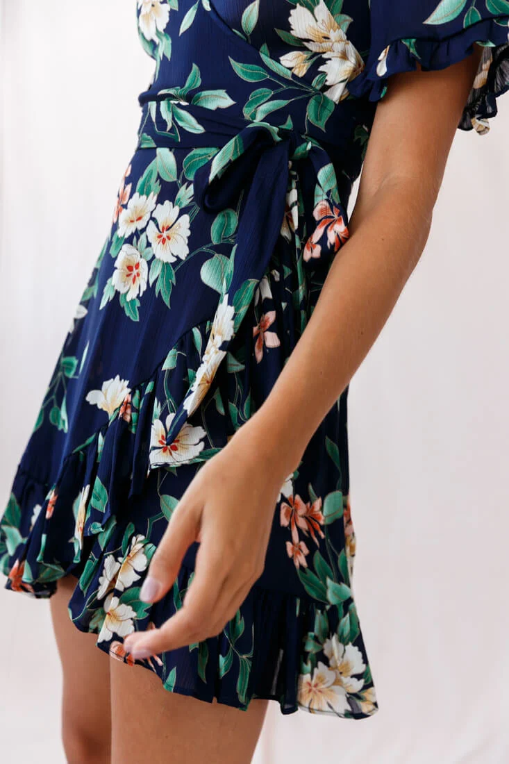 Omara Floral Wrap Ruffle Trim Dress Navy - Image 4
