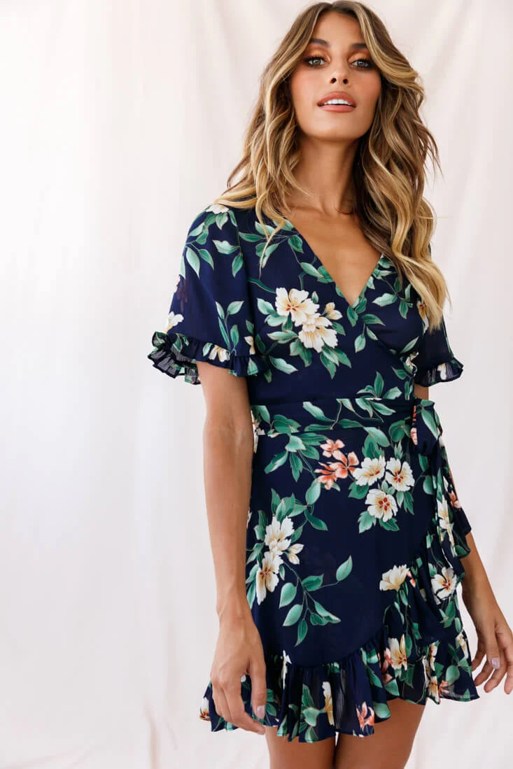 Omara Floral Wrap Ruffle Trim Dress Navy - Image 5