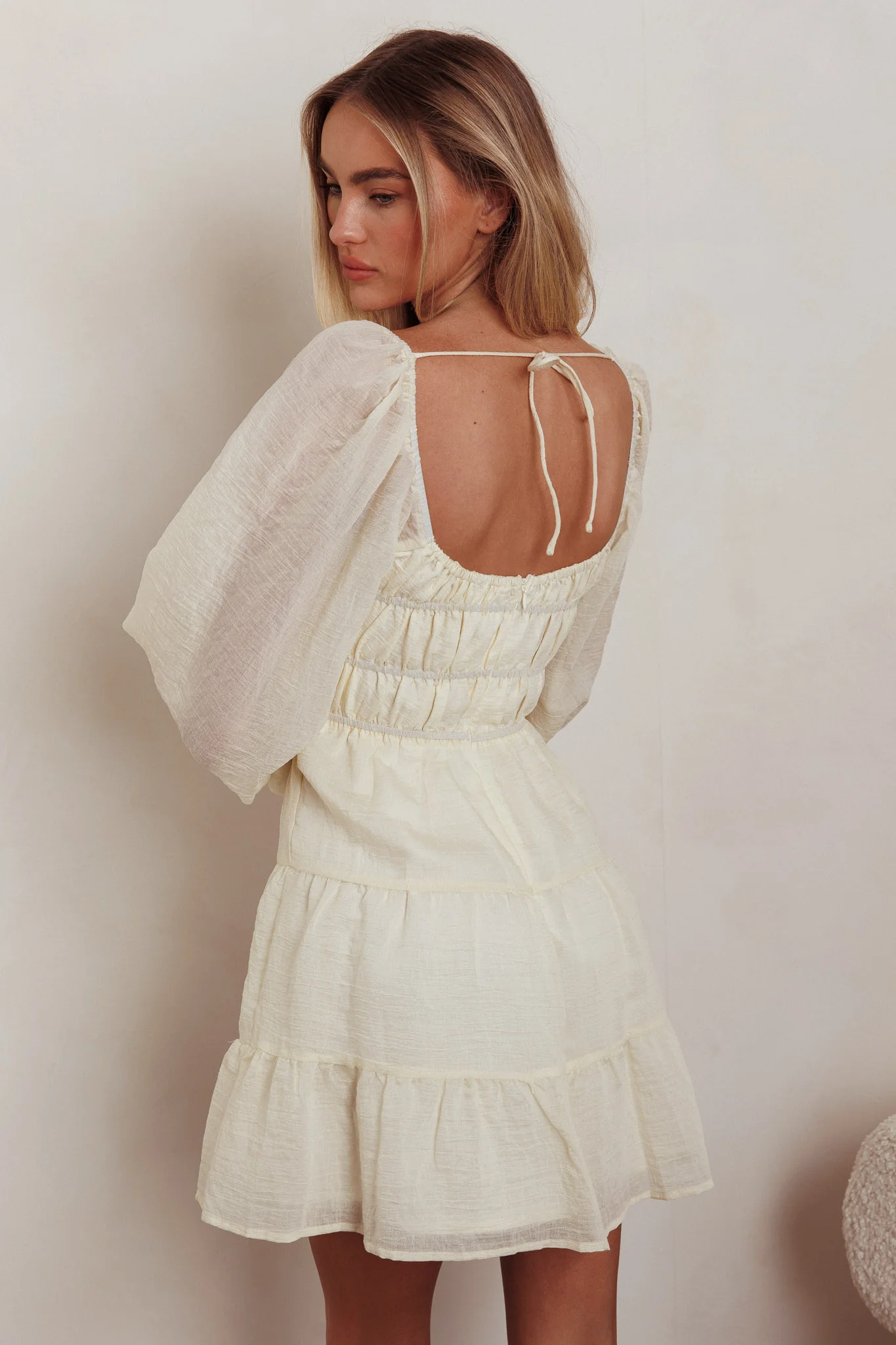 On A High Puff Sleeves Low Back Mini Dress Ivory - Image 3