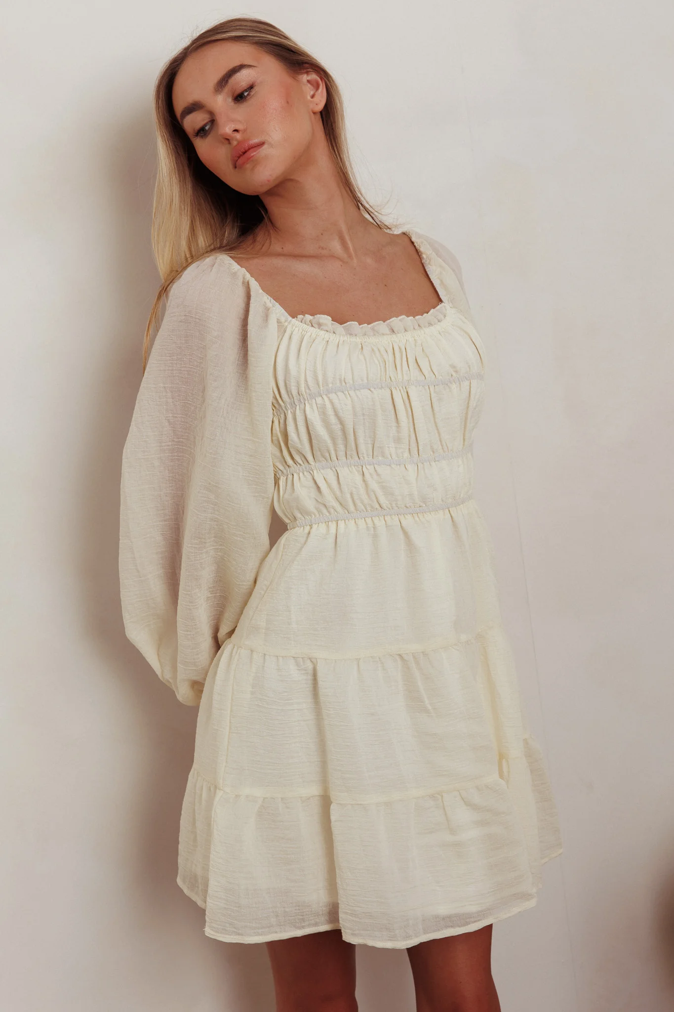 On A High Puff Sleeves Low Back Mini Dress Ivory - Image 6