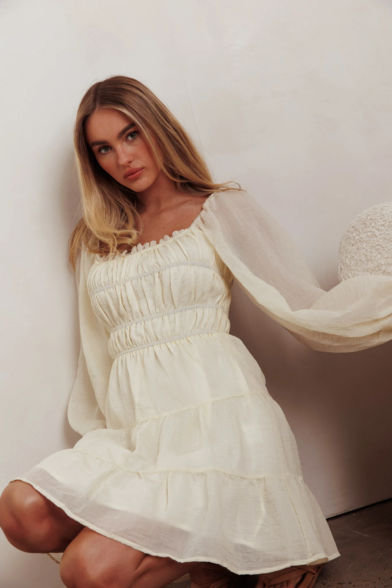 On A High Puff Sleeves Low Back Mini Dress Ivory - Image 7
