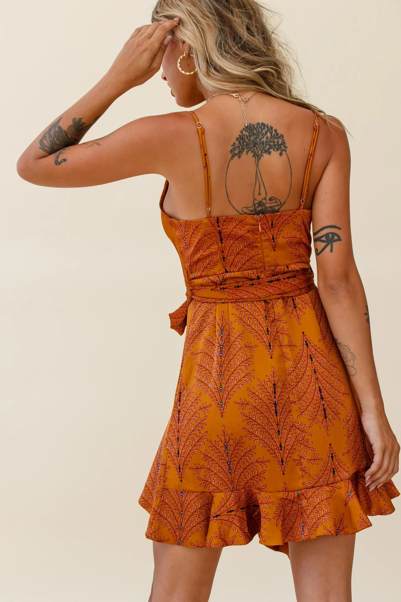 On The Prowl Cowl Neck Asymmetrical Hem Dress Leaf Print Tan - Image 3