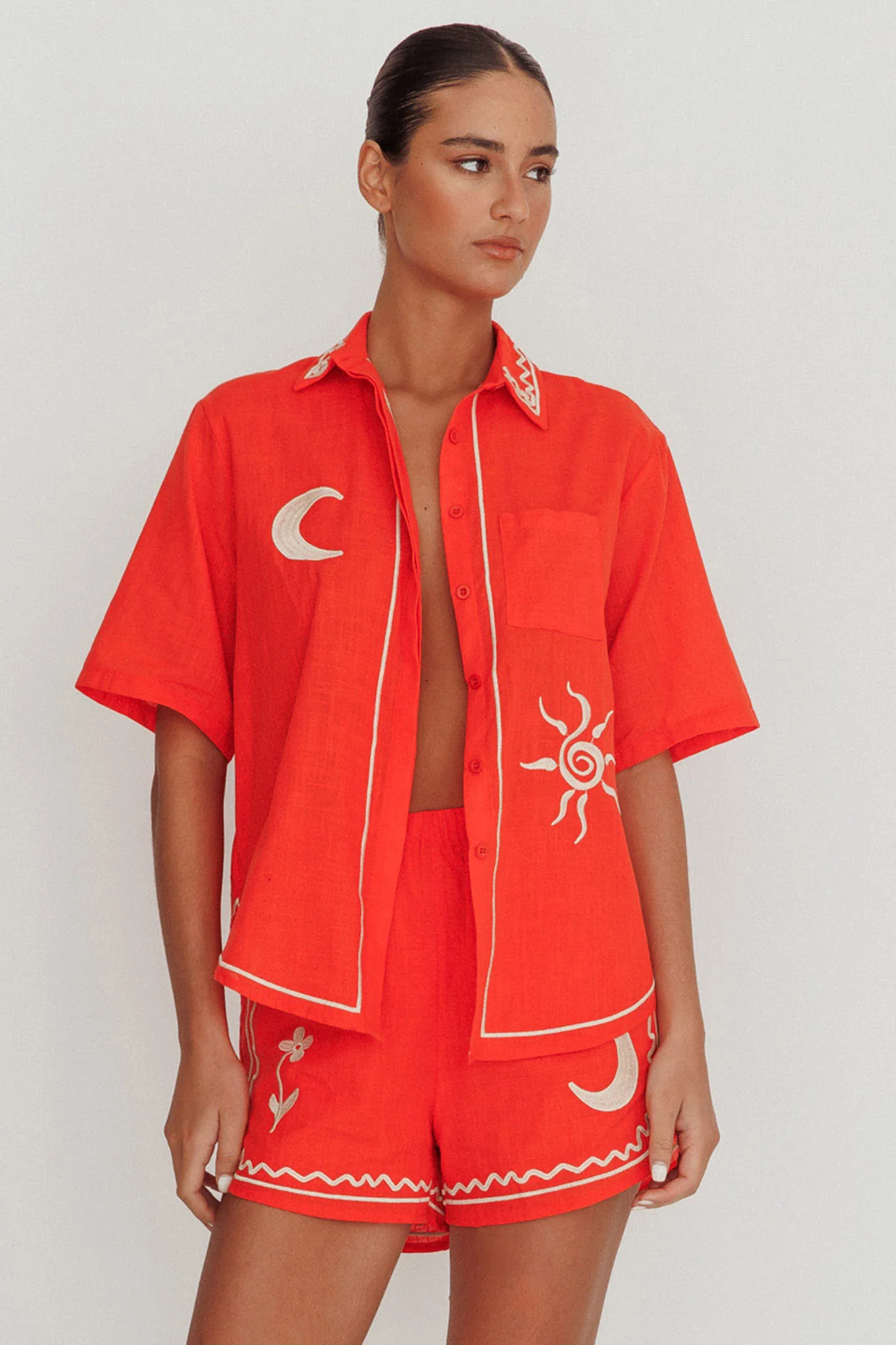 On Vacay Embroidered Button-Up Shirt Orange - Image 5