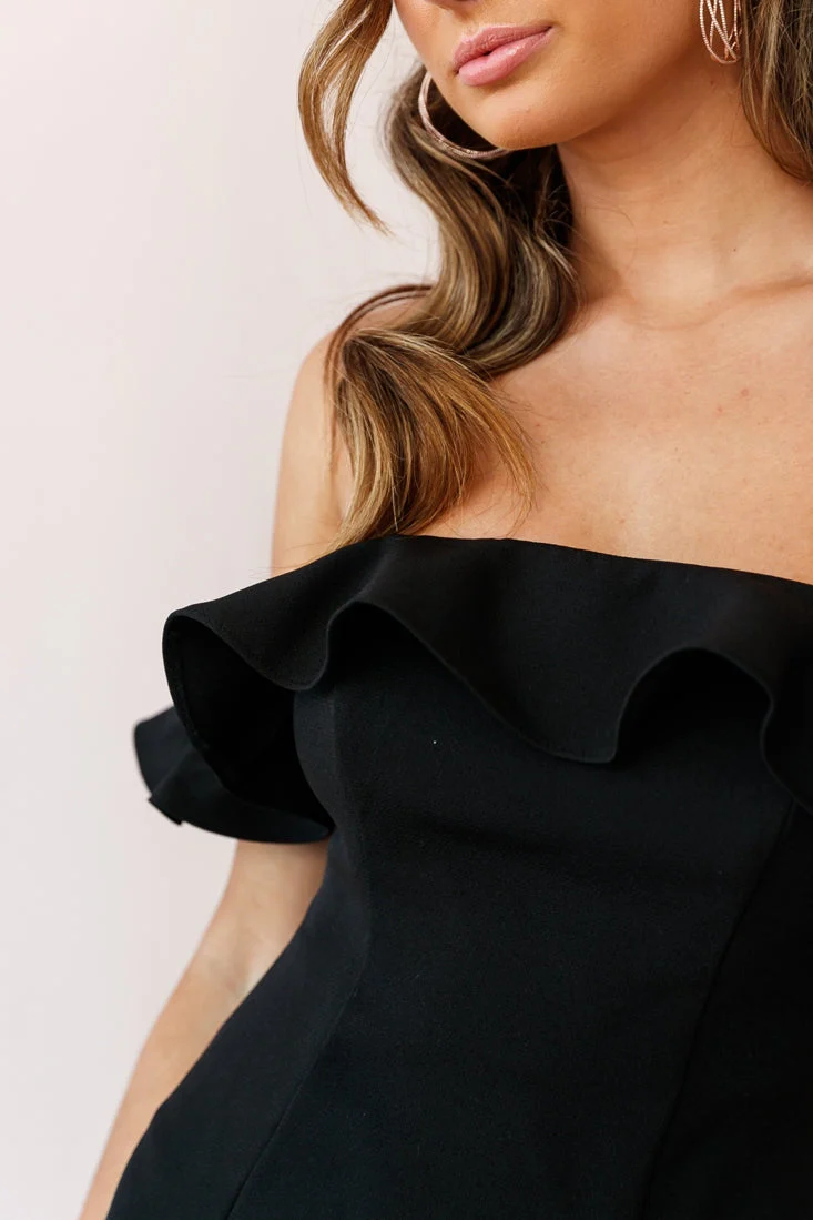 Ondine Bardot Neckline Fluted Hem Dress Black - Image 4