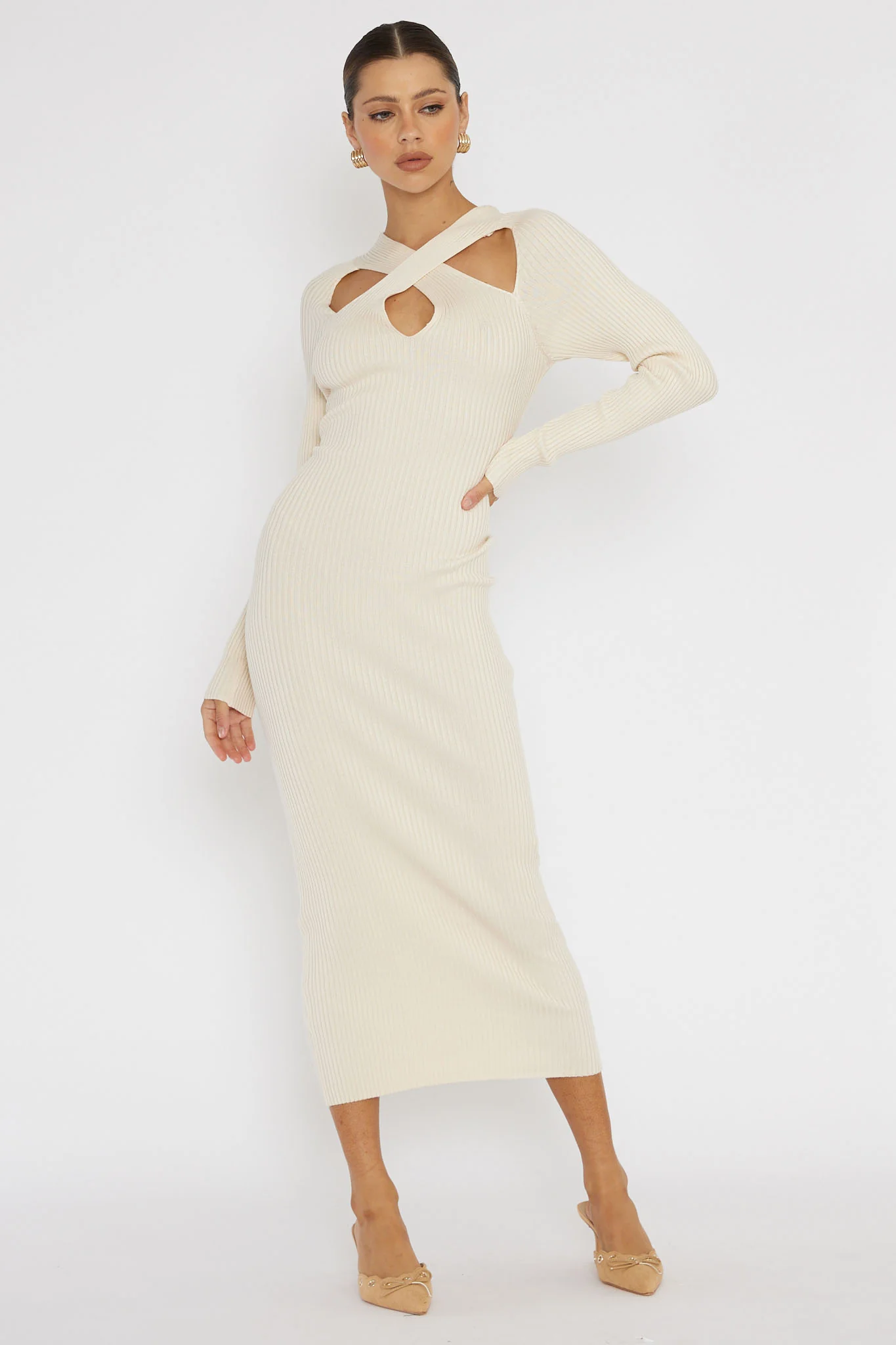 One Mind Cut-Out Neckline Knit Midi Dress Cream - Image 5