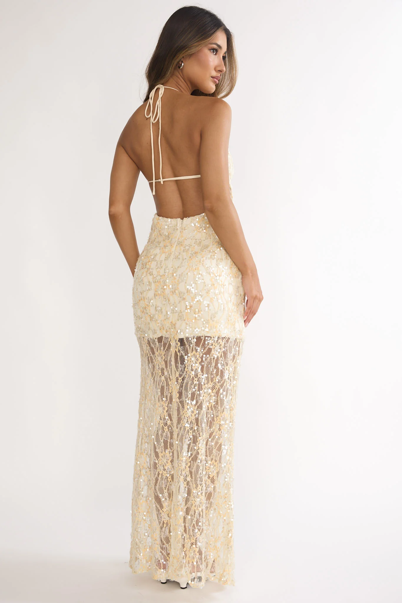 One Night Halterneck Maxi Dress Sequin Butter - Image 3