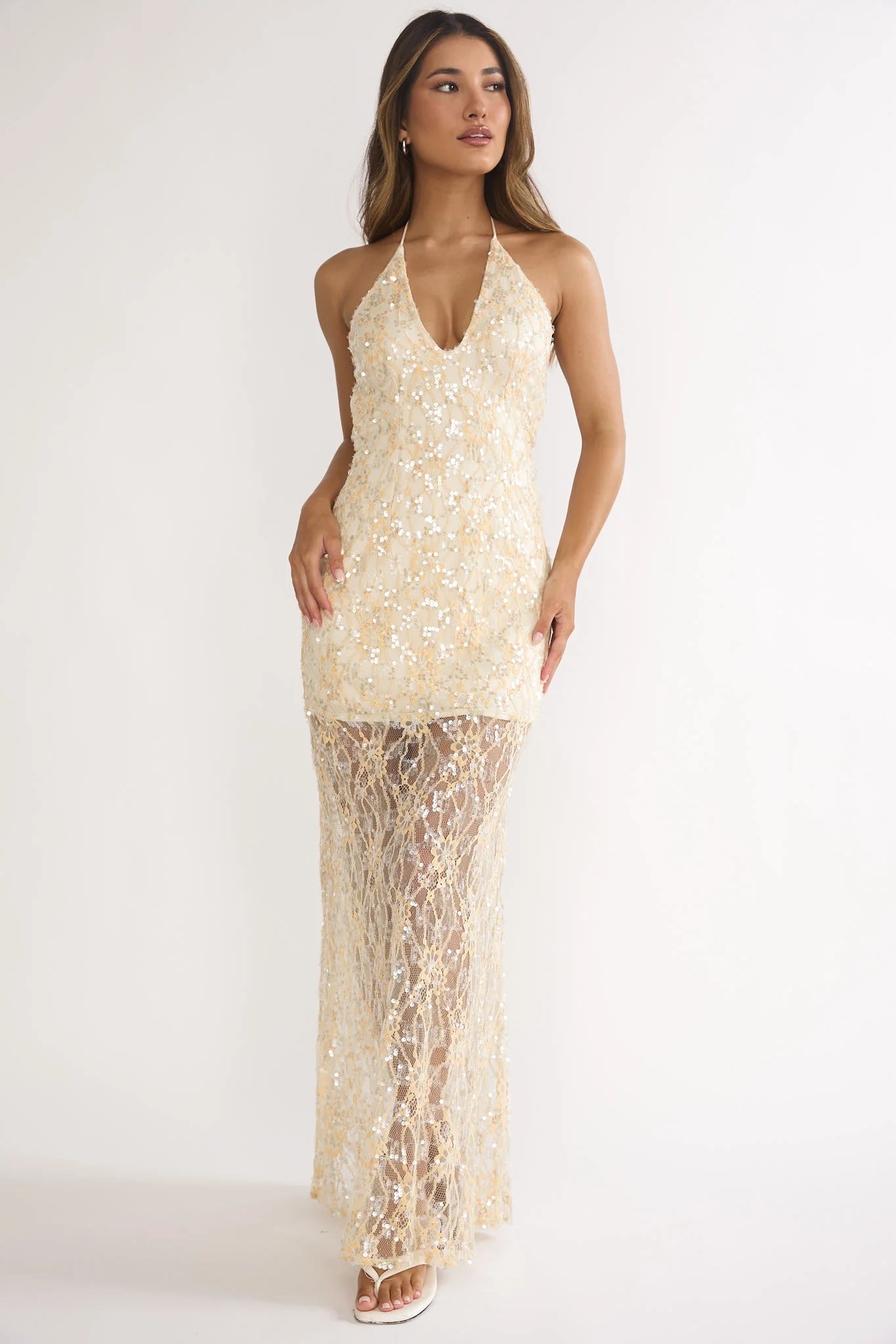 One Night Halterneck Maxi Dress Sequin Butter - Image 5