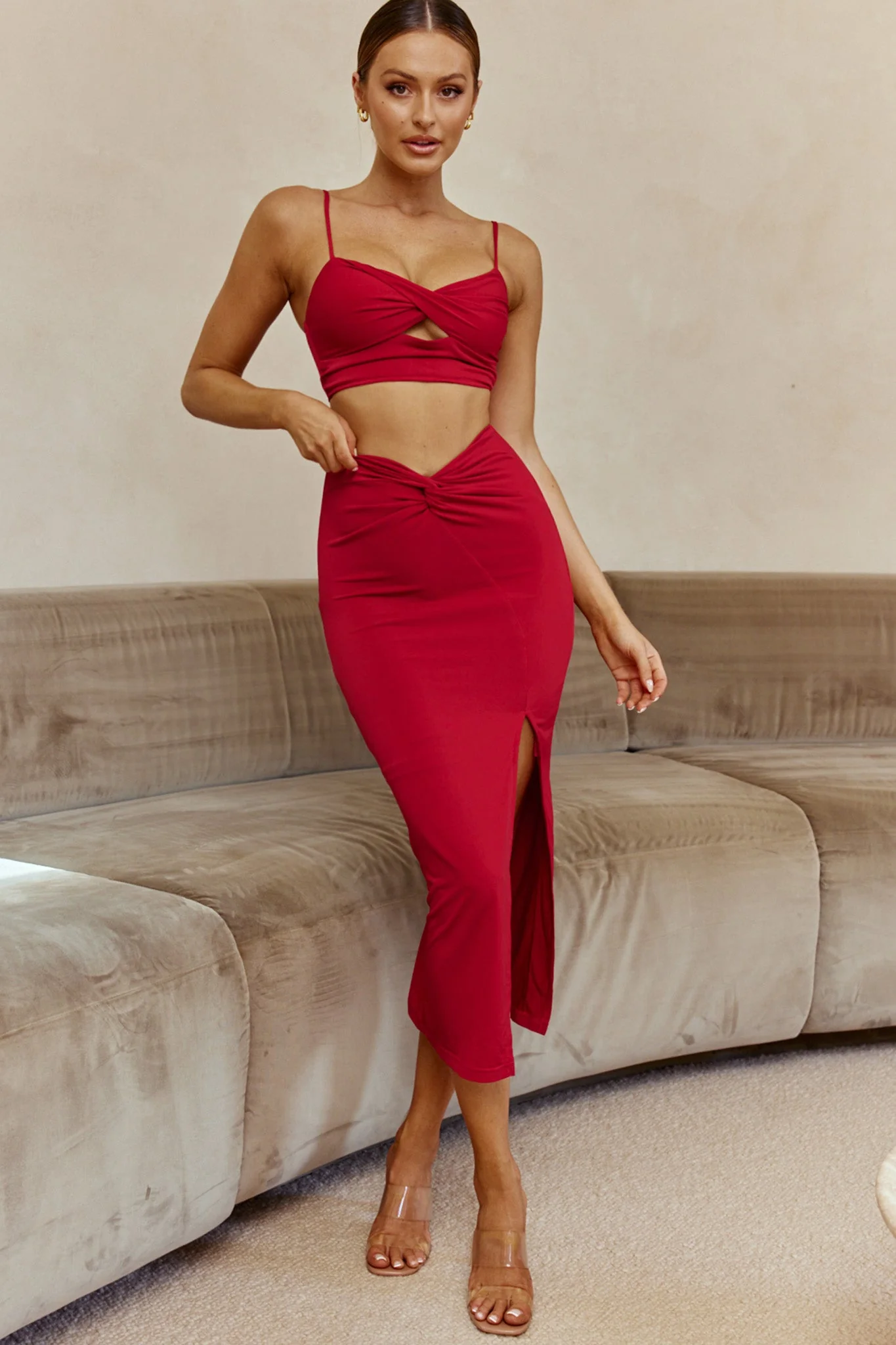 One Night Only Twist Waist Split Midi Skirt Wine - Image 3
