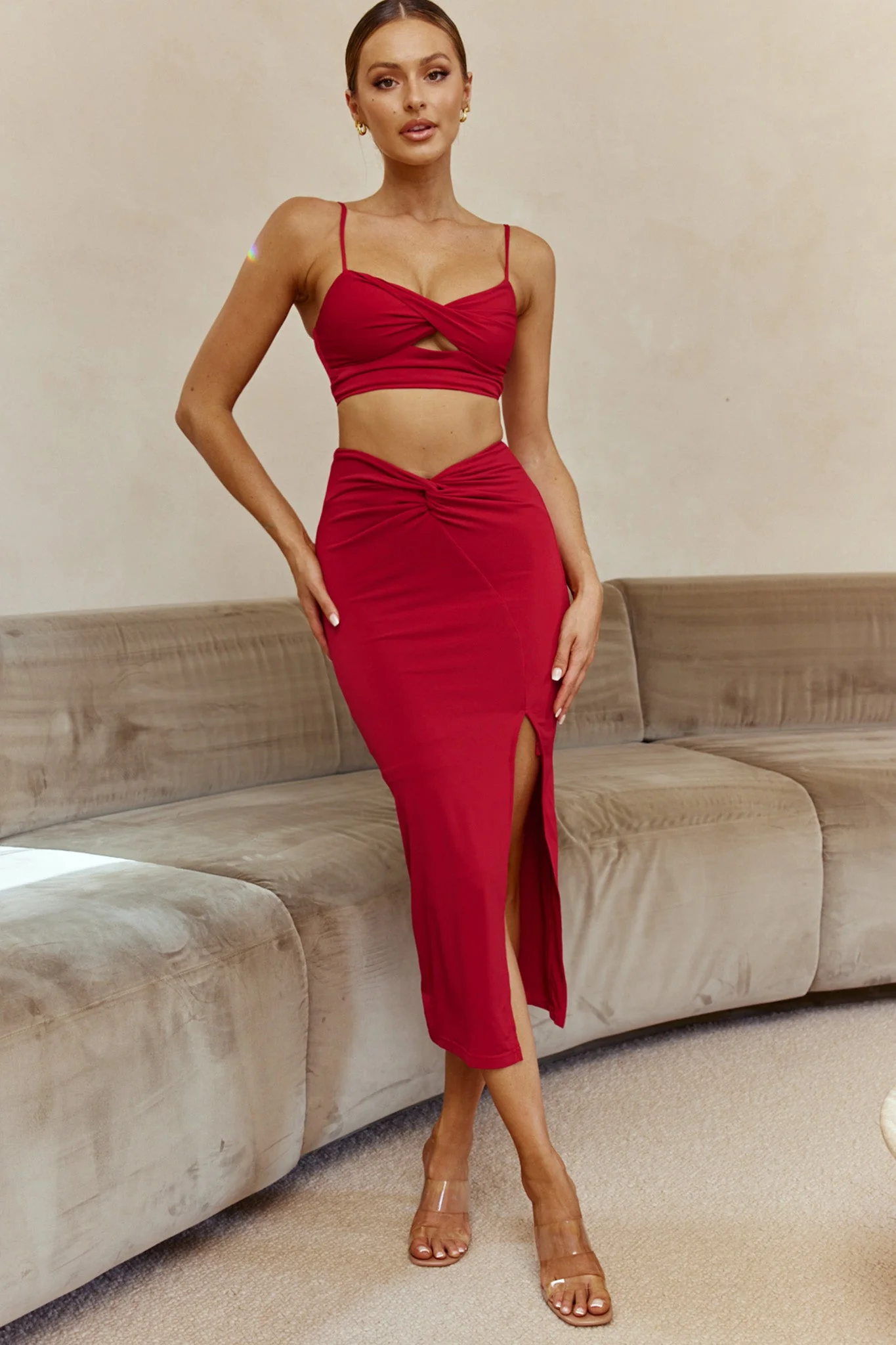 One Night Only Twist Waist Split Midi Skirt Wine - Image 5
