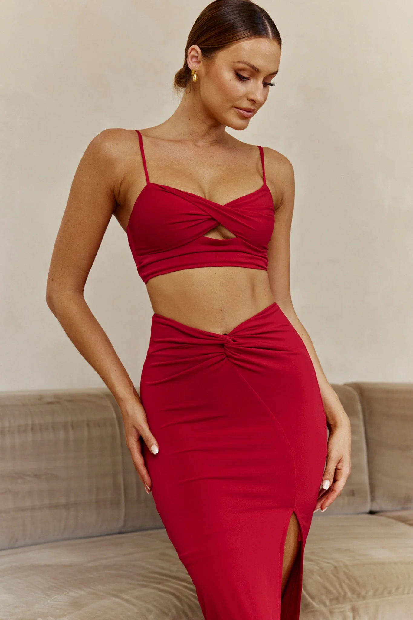 One Night Only Twist Waist Split Midi Skirt Wine - Image 7