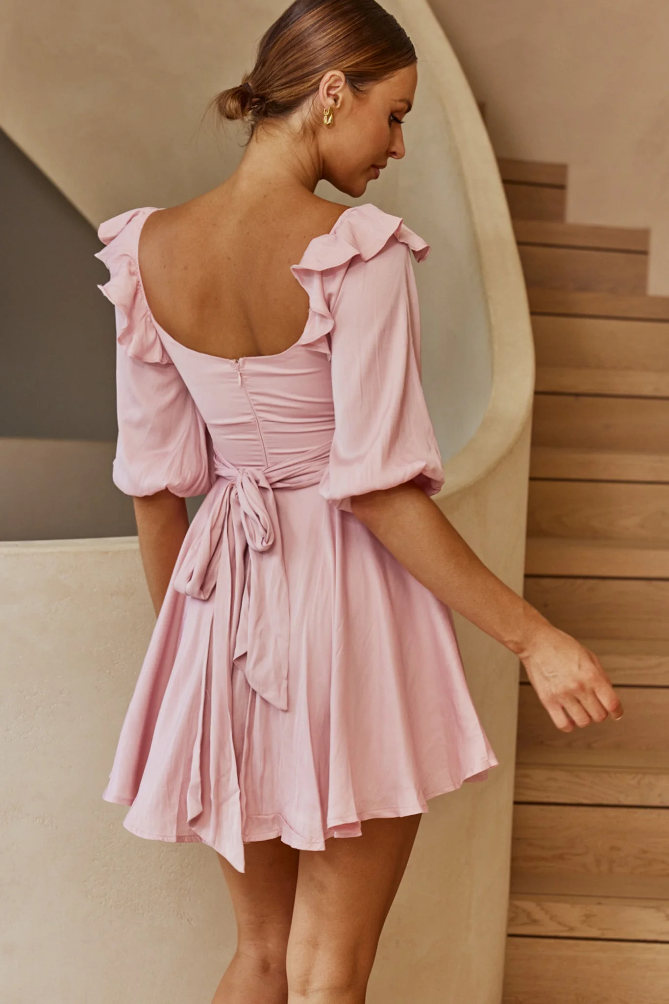 Only Yours Frill Trim Waist Tie Satin Mini Dress Blush - Image 2