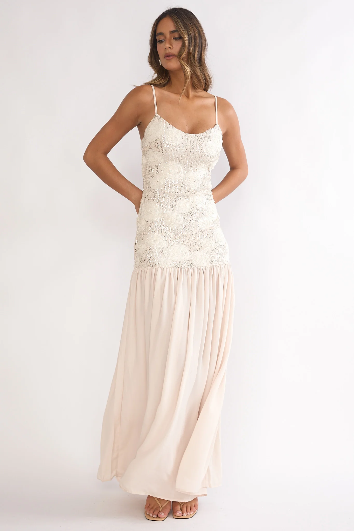 Opheliane Drop Waist Sequin Maxi Dress Champagne