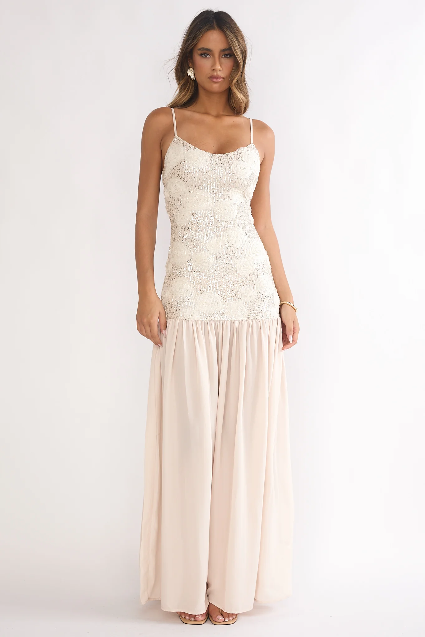 Opheliane Drop Waist Sequin Maxi Dress Champagne - Image 4