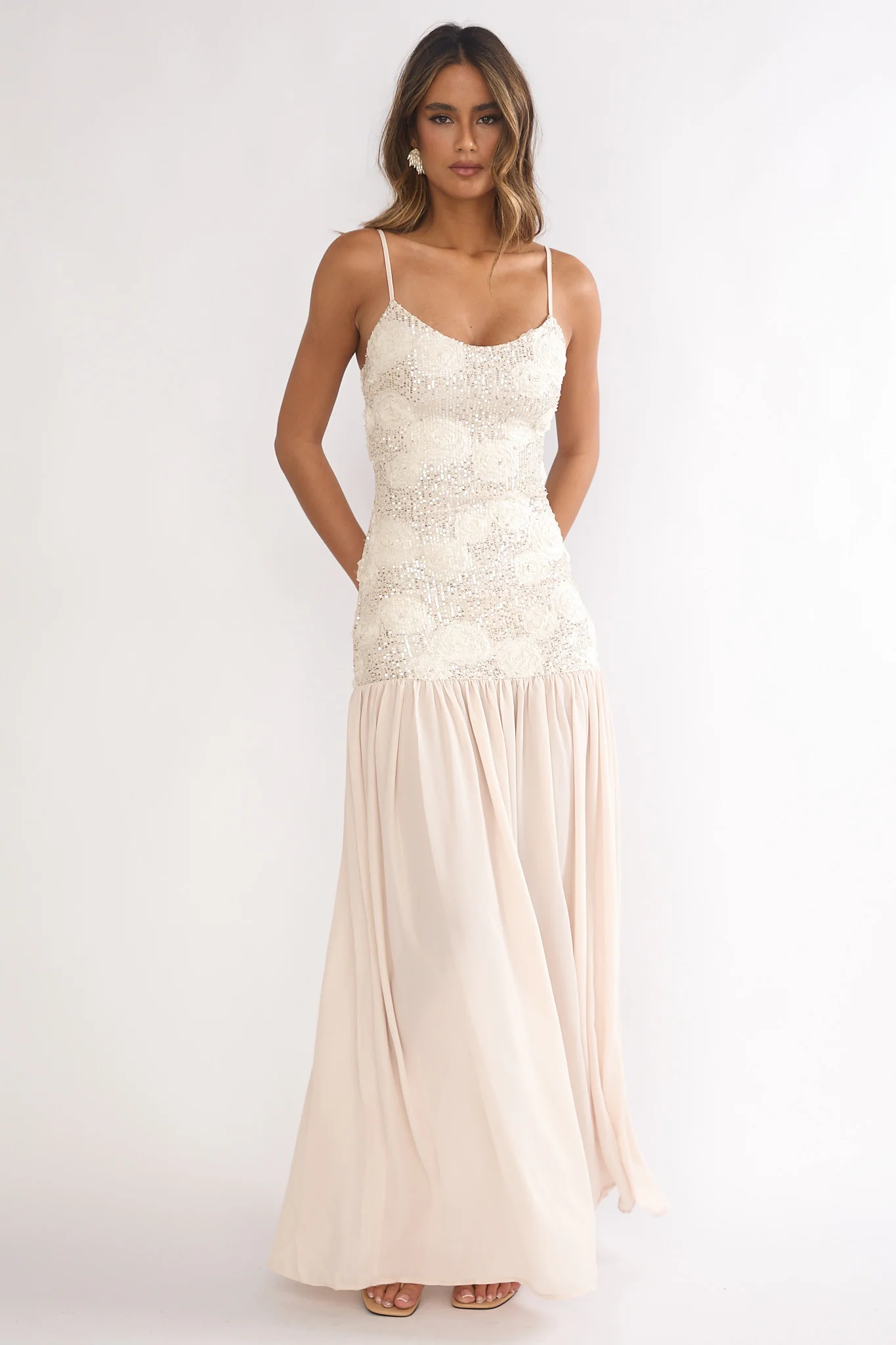 Opheliane Drop Waist Sequin Maxi Dress Champagne - Image 5