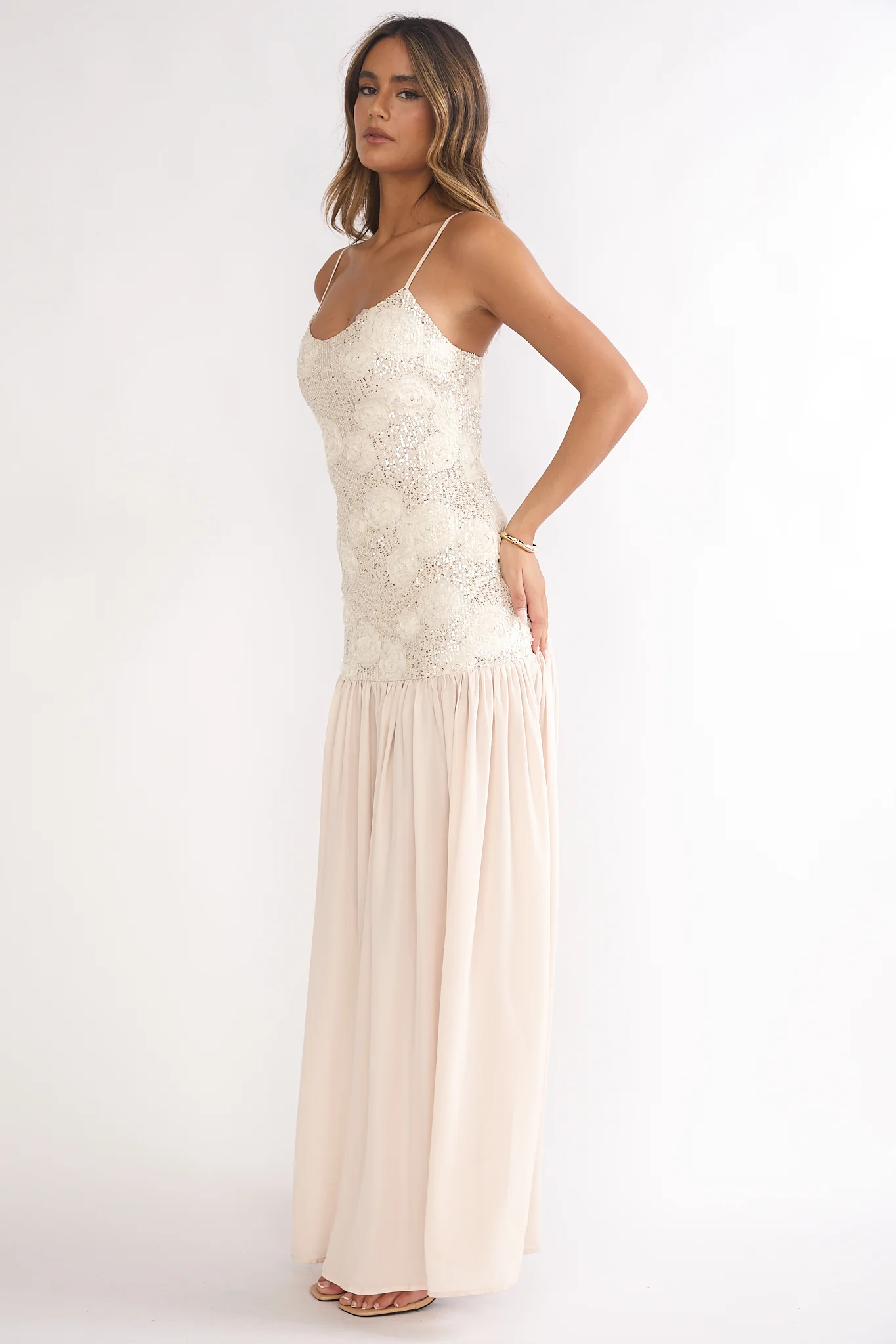 Opheliane Drop Waist Sequin Maxi Dress Champagne - Image 6